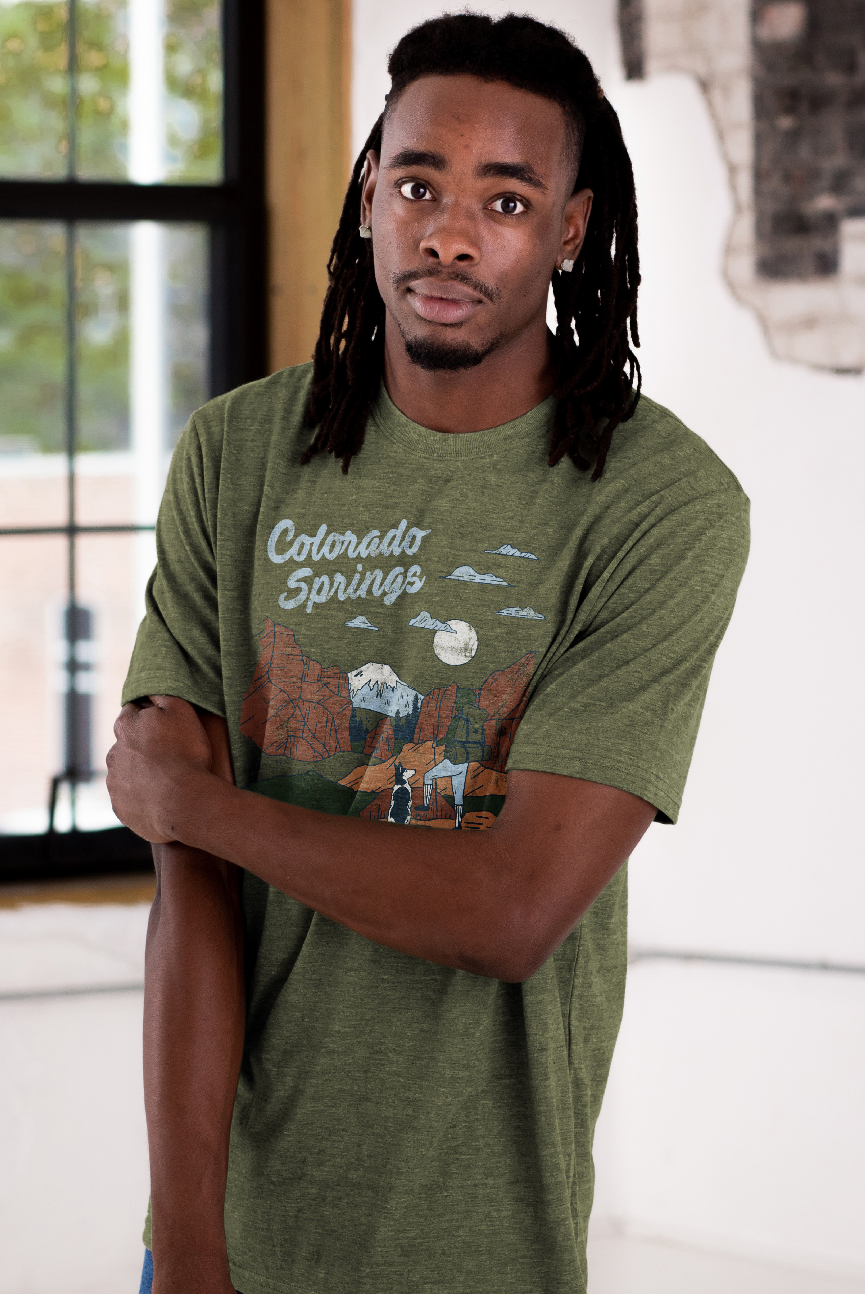 Male Model wearing GOEX Men&#39;s and Unisex Eco Triblend Tee in Olive with Custom Graphic