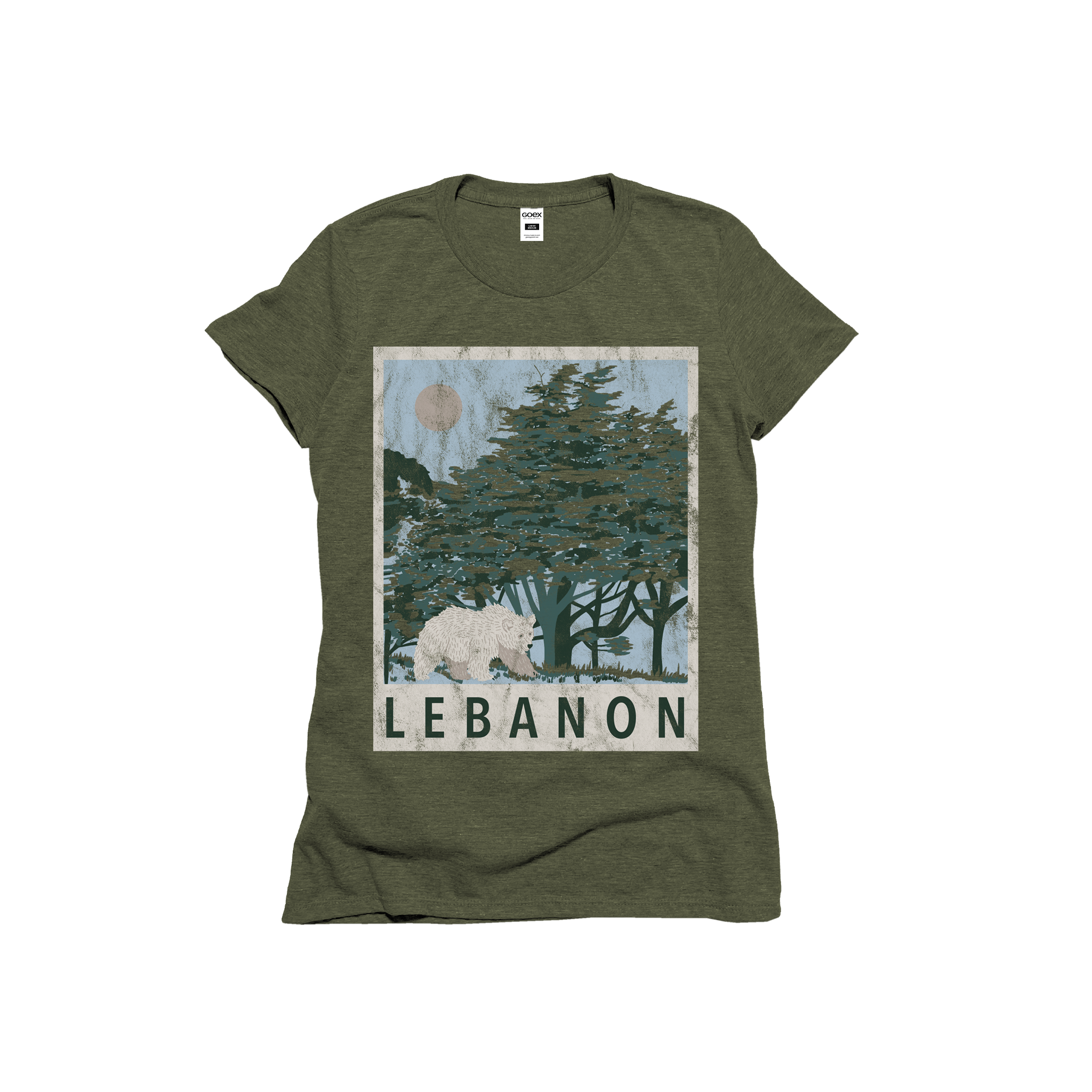 Flat Lay of GOEX Ladies Lebanon Eco Triblend Graphic Tee in Olive