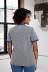 Female Model wearing GOEX Unisex and Men's Triblend Ringer Tee in Royal/Heather Grey