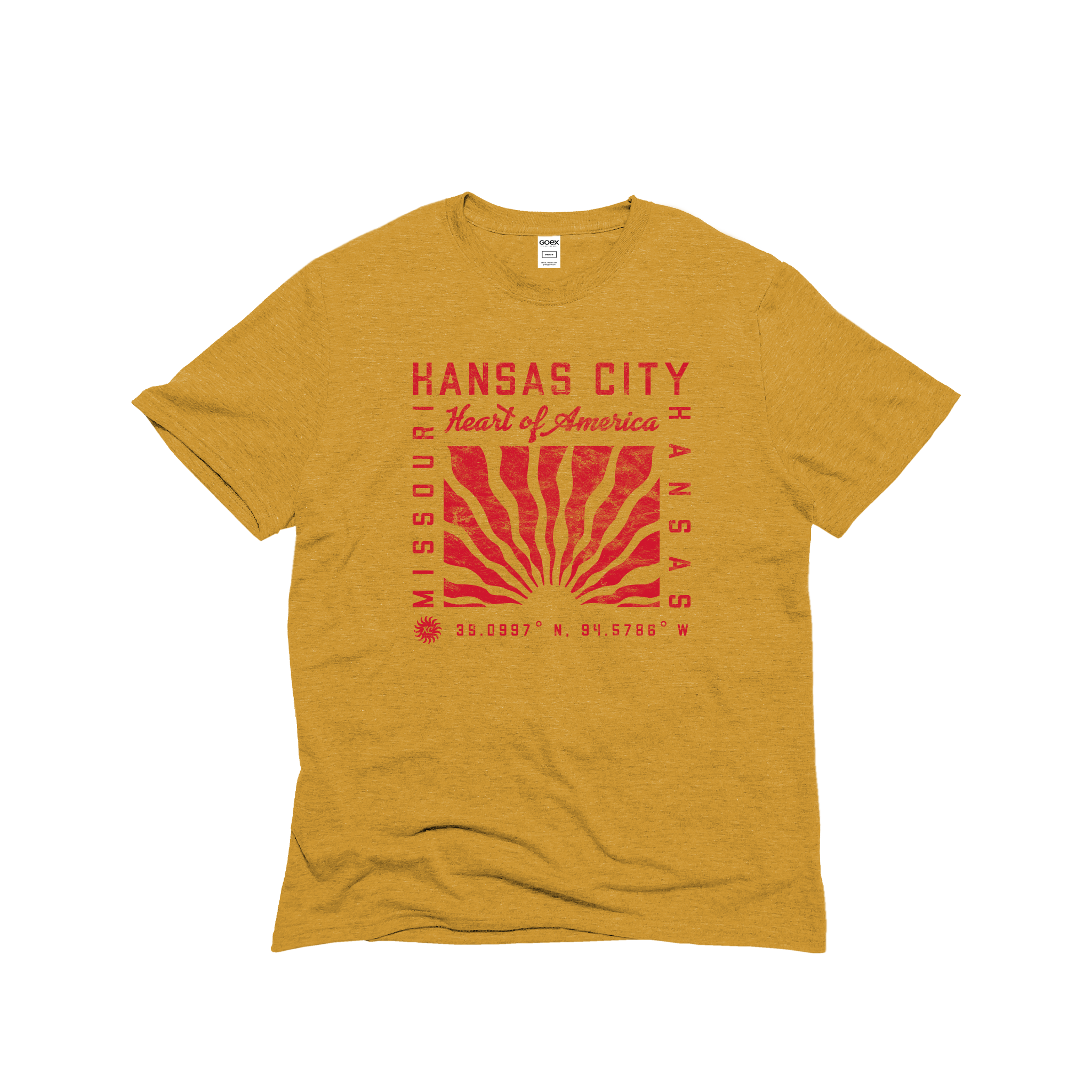 Flat Lay of GOEX Unisex and Men's Heart of America Eco Triblend Graphic Tee in Mustard