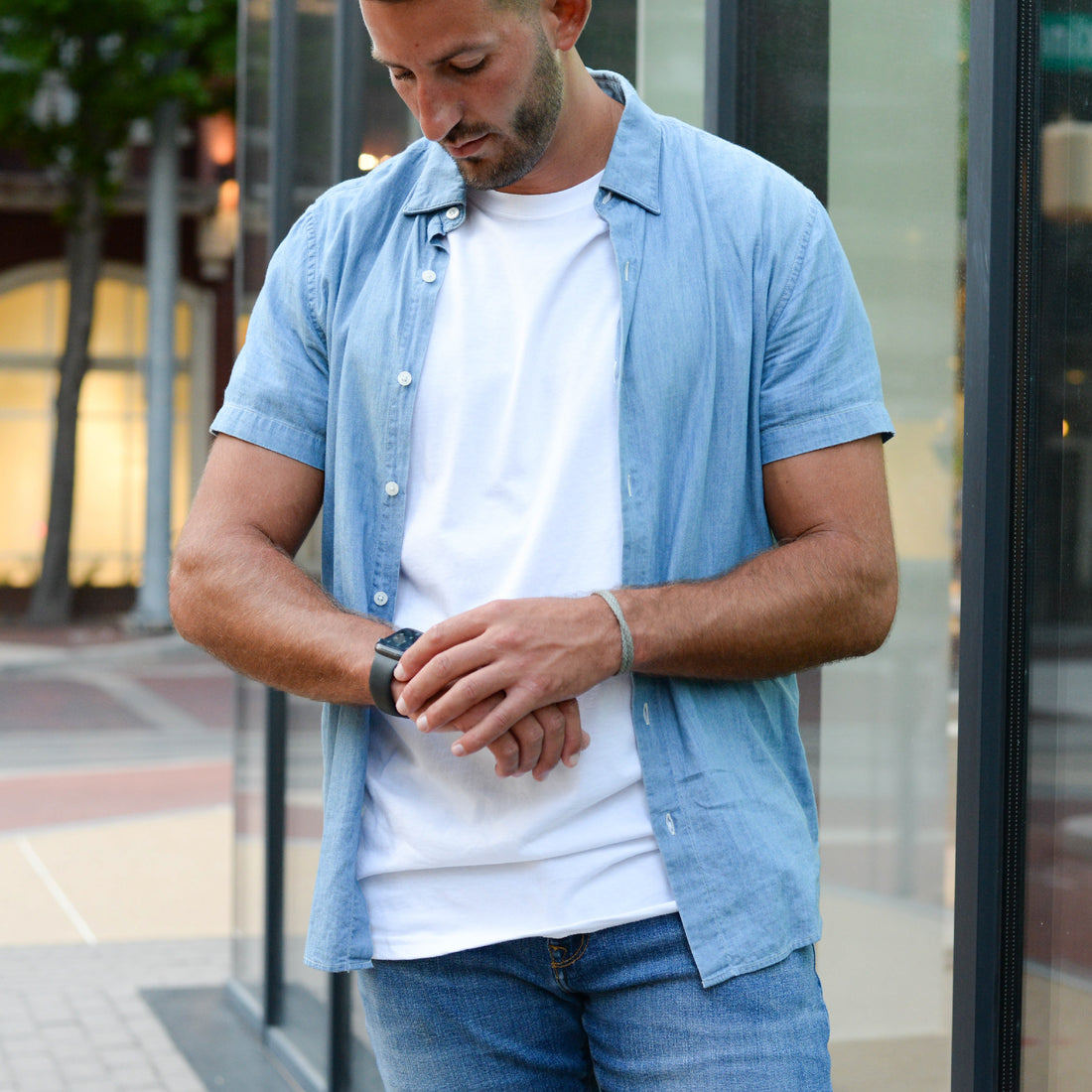Male Model wearing GOEX Unisex and Men's Cotton Tee in White