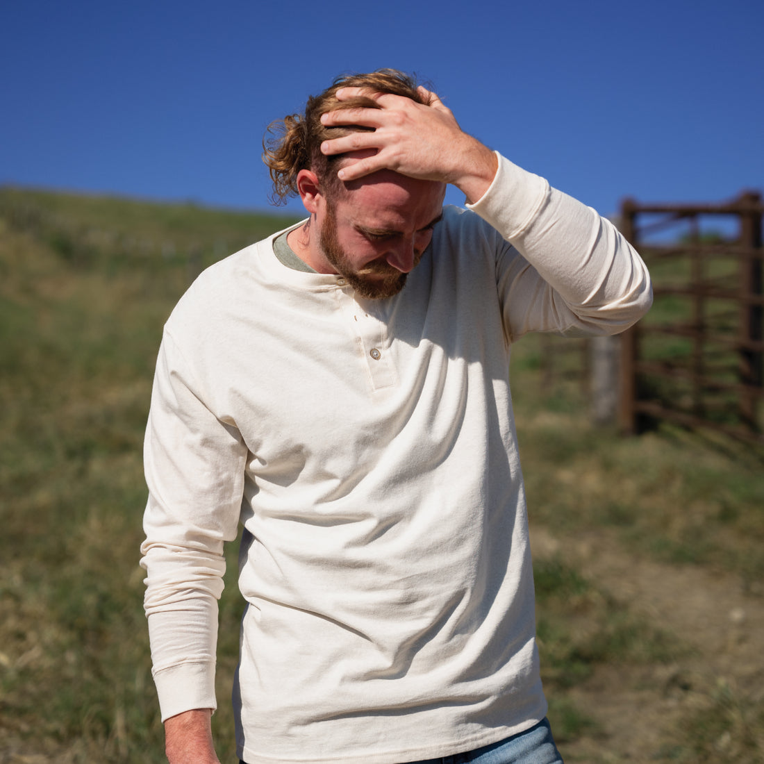 Male Model wearing GOEX Unisex and Men's Eco Cotton Henley in Ivory
