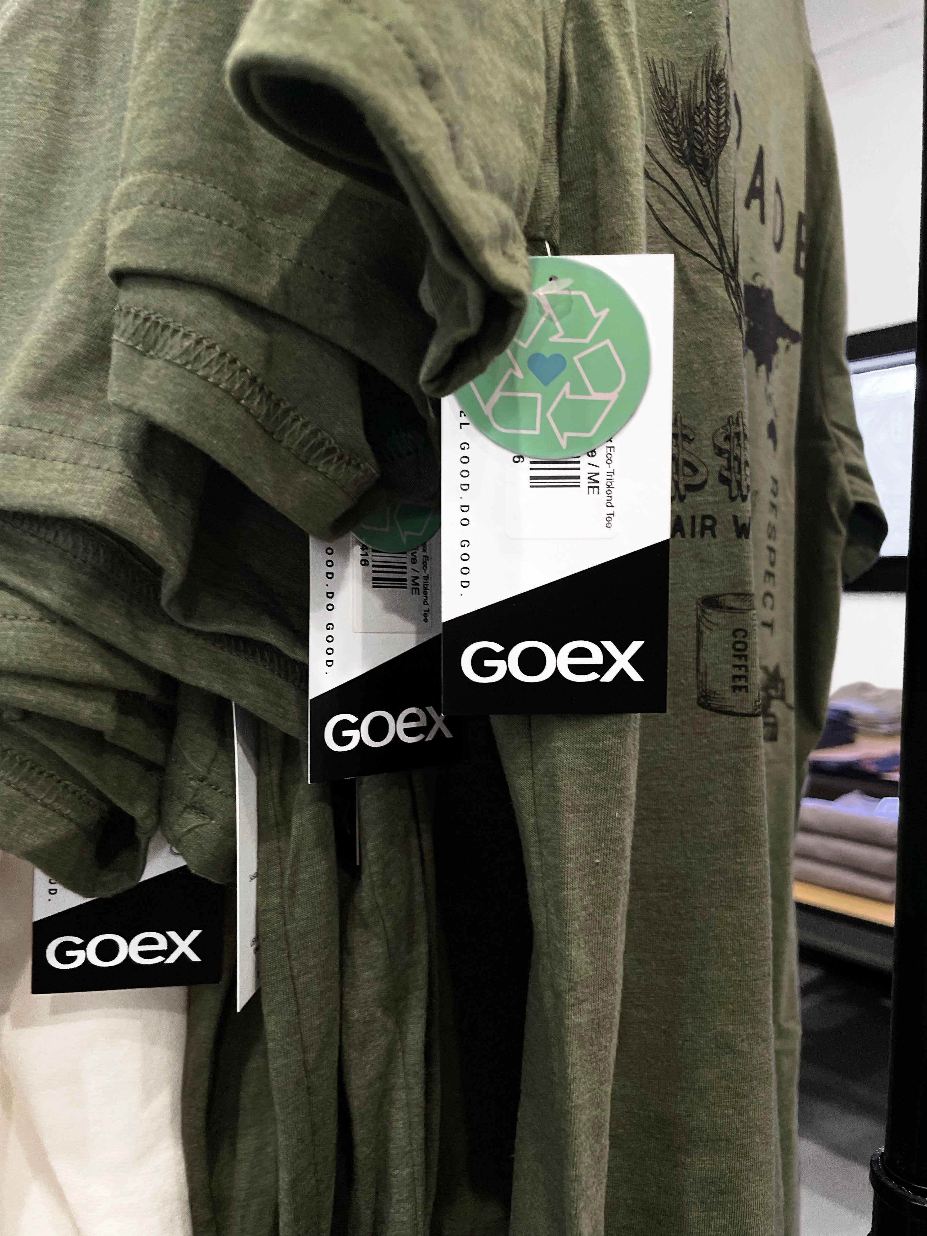 Close up picture of GOEX hangtags on shirts