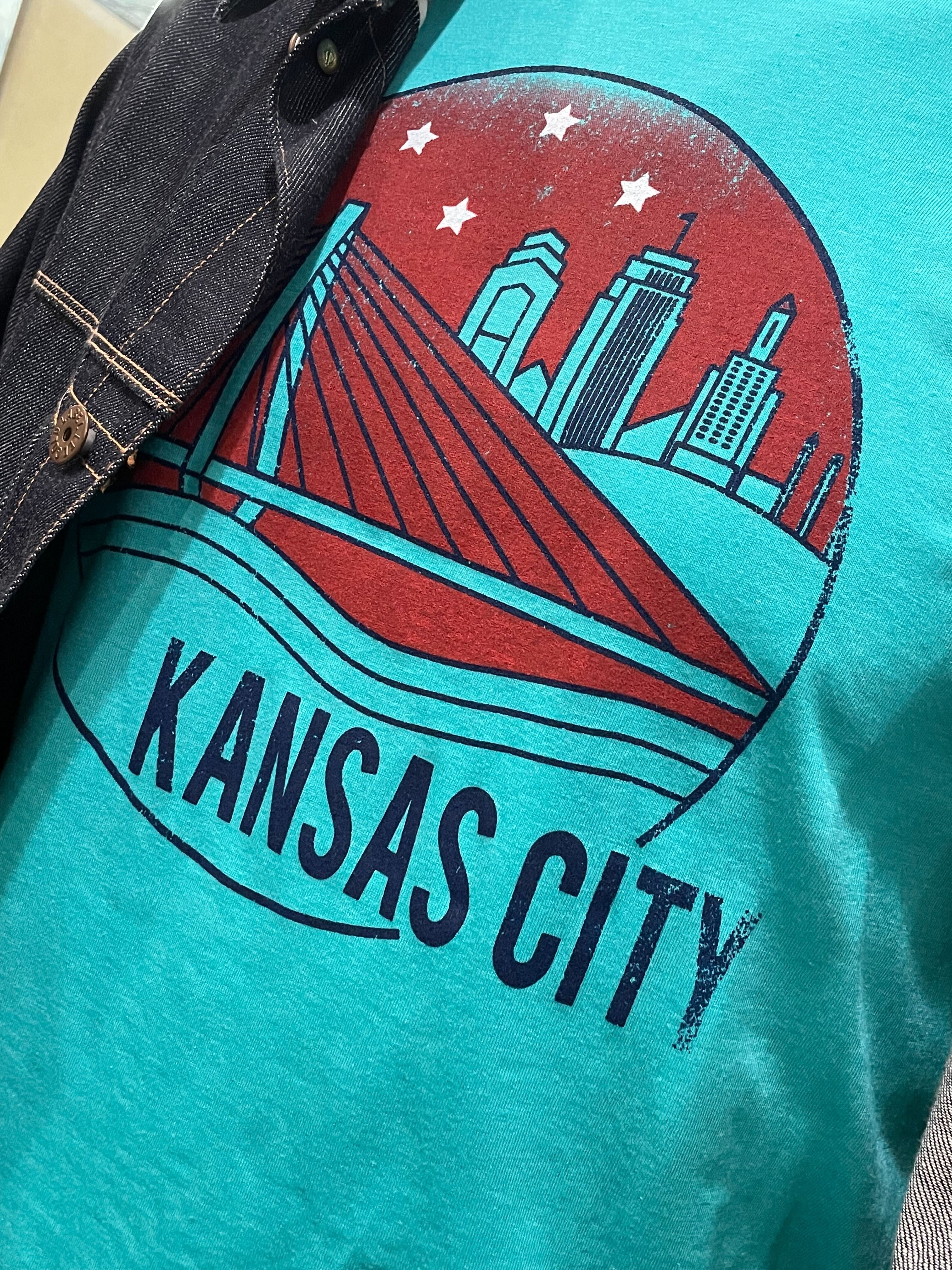 Close Up image of GOEX Unisex and Men's KC Riverfront Eco Triblend Graphic Tee in Teal