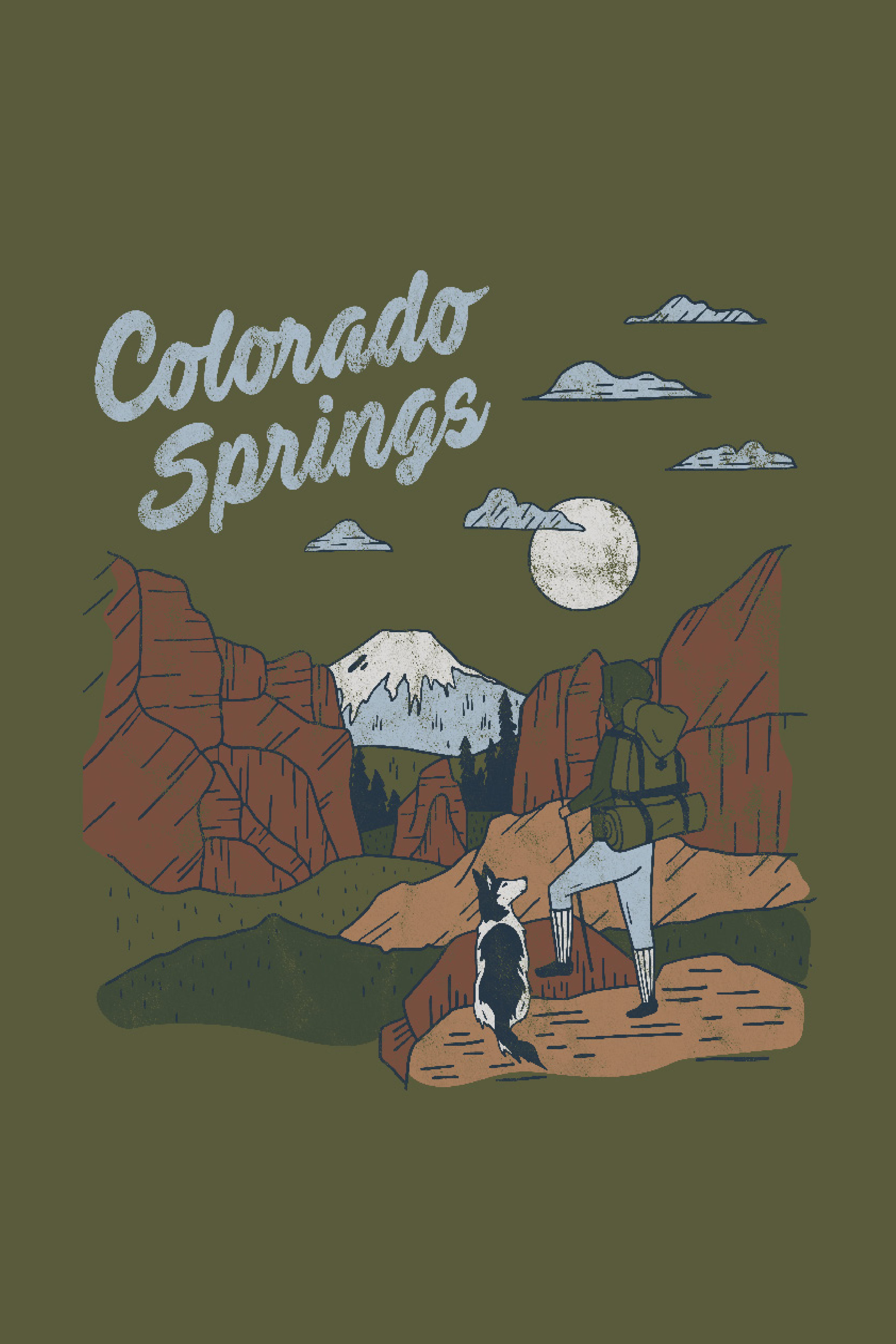 Custom Graphic of Hiker with Dog looking at Mountains with Colorado Springs at the top