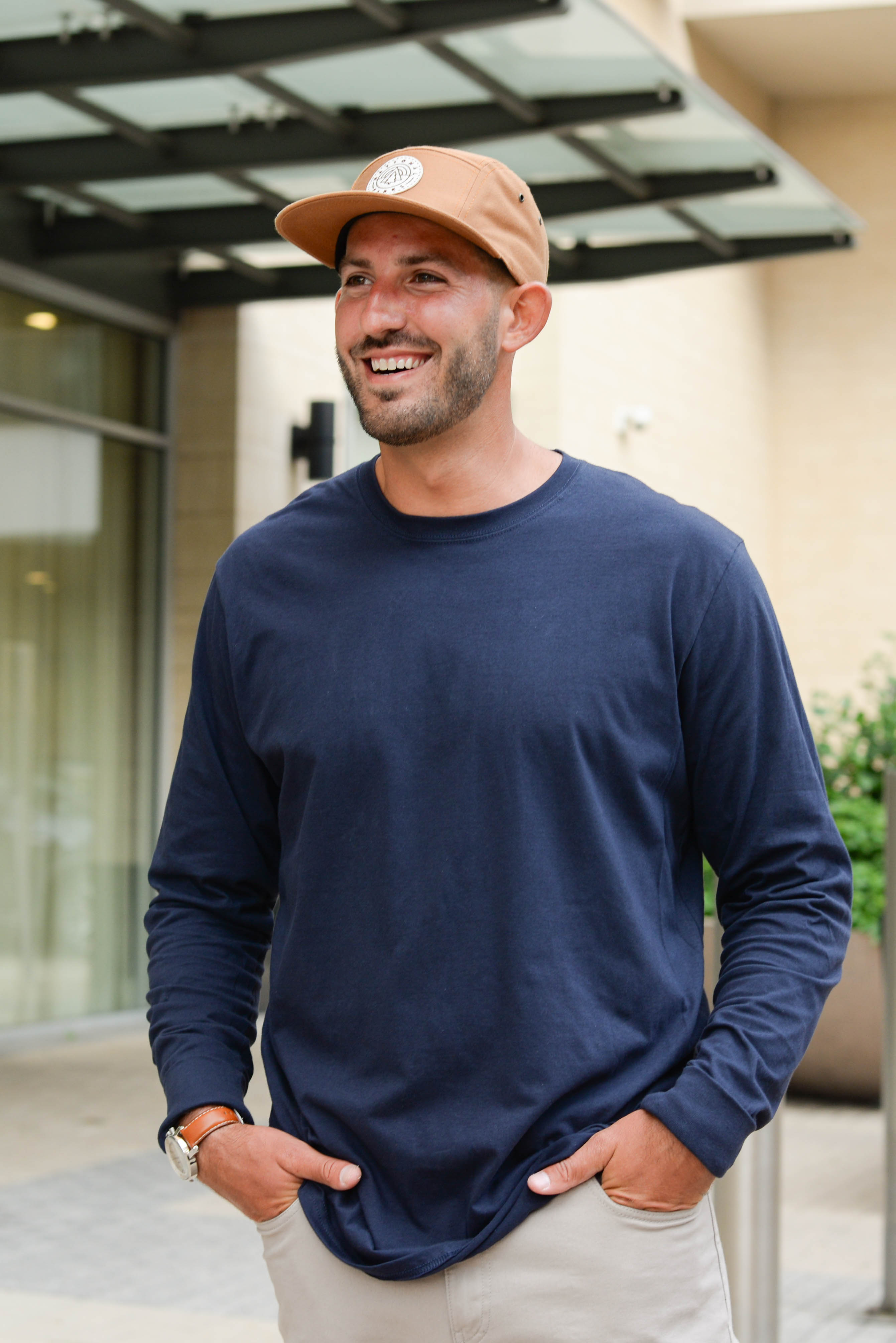 Male Model wearing GOEX Unisex and Men's Cotton Long Sleeve Tee in Navy