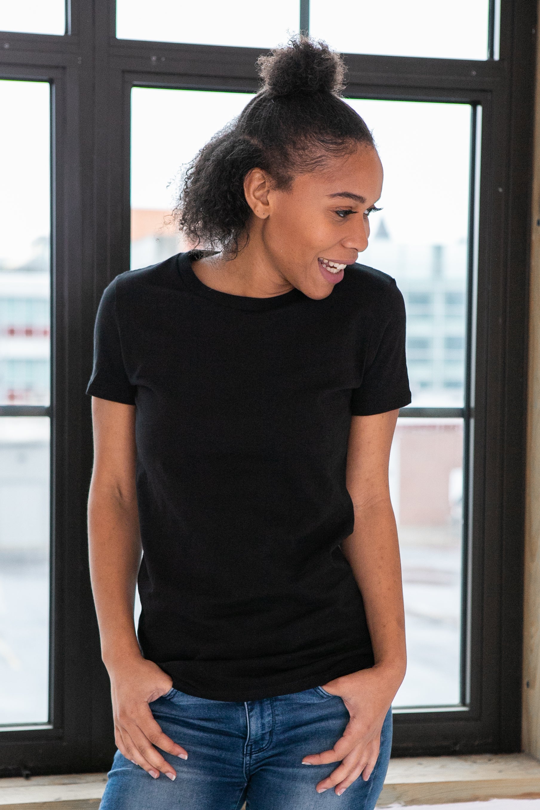 Female Model wearing GOEX Ladies Cotton Tee in Black