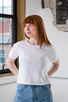 Front View of Female Model wearing GOEX Ladies Cotton Crop Tee in White