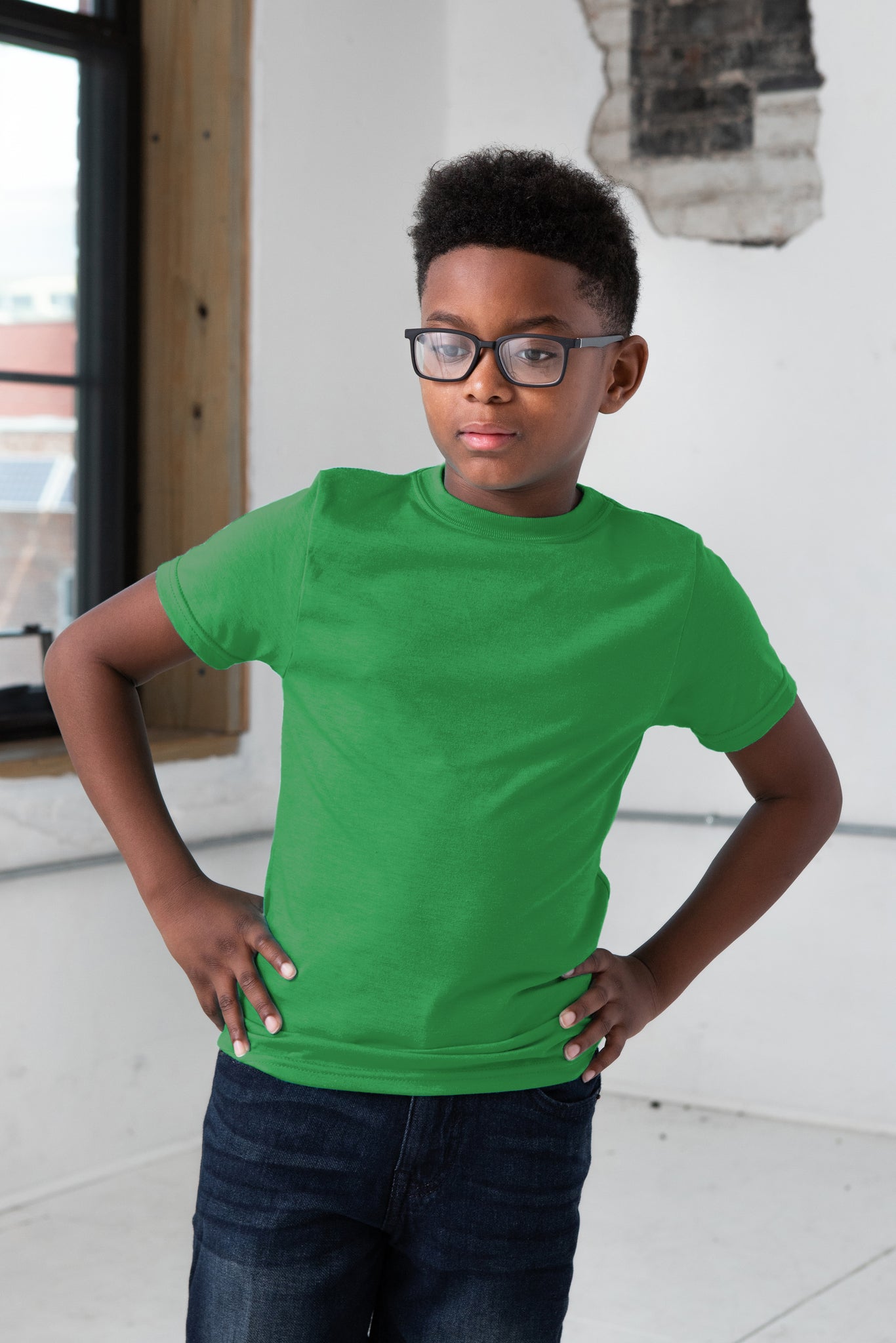 Boy Model wearing GOEX Youth Cotton Tee in Kelly Green