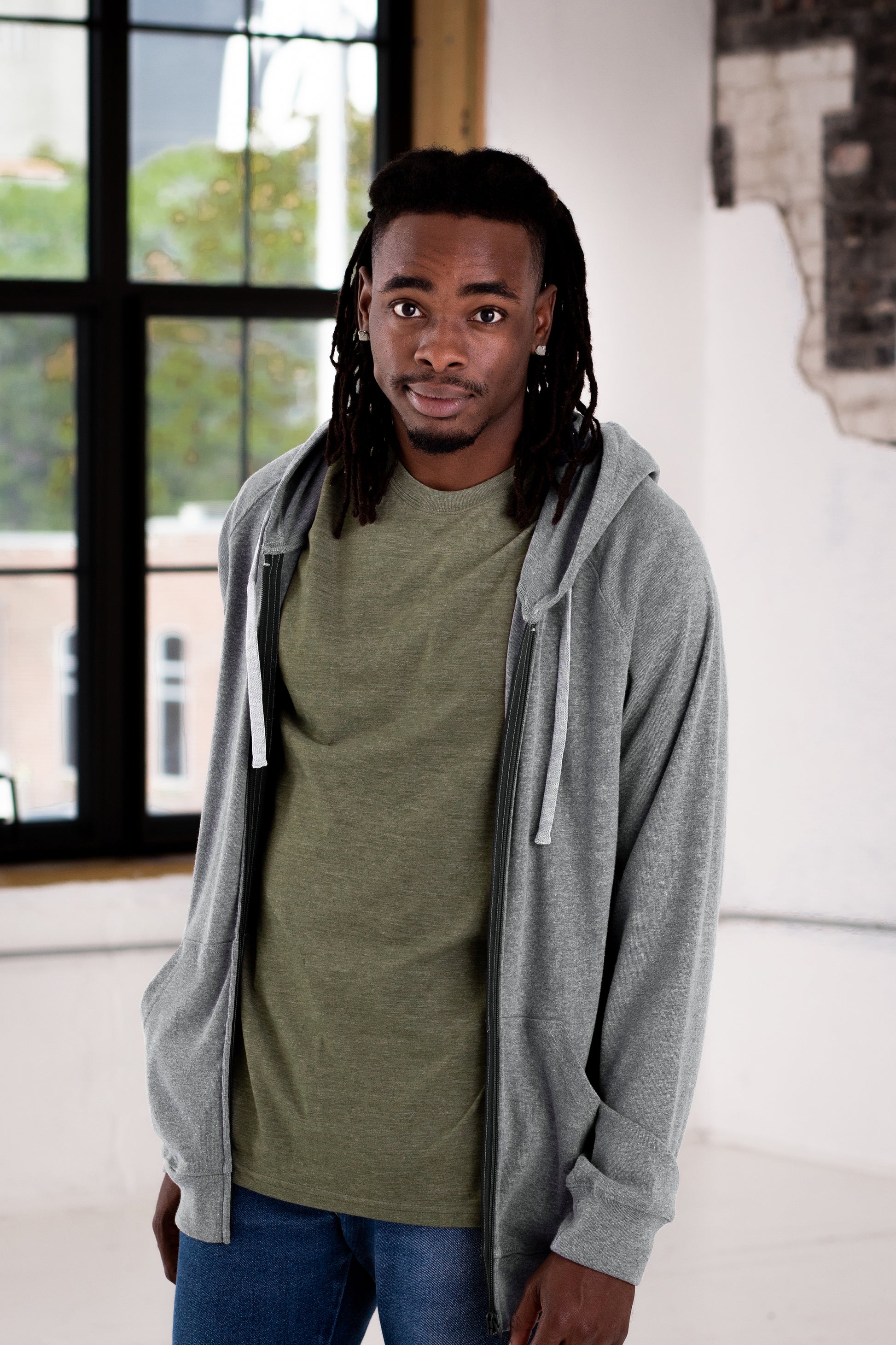 Male Model wearing GOEX Unisex and Men's Rib Full Zip in Heather Grey