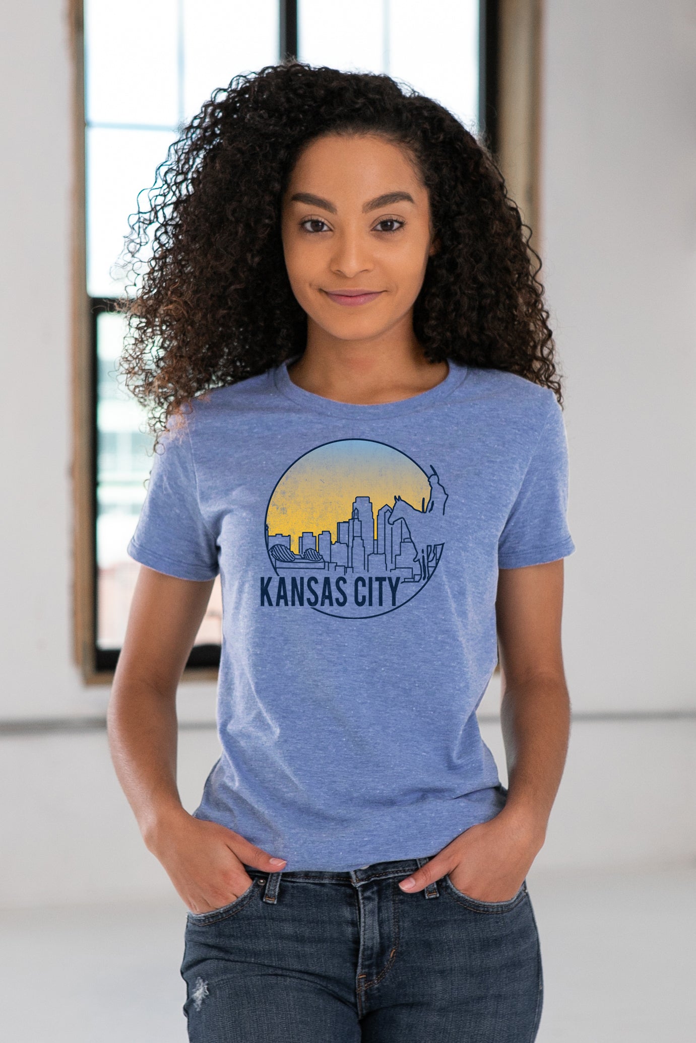 Female Model wearing GOEX Ladies KC Scout Eco Triblend Graphic Tee in Light Blue