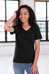 Female Model in GOEX Ladies Cotton V Neck Tee in Black