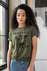 Female Model wearing GOEX Unisex and Men's Fair Trade Icons Eco Triblend Graphic Tee in Olive
