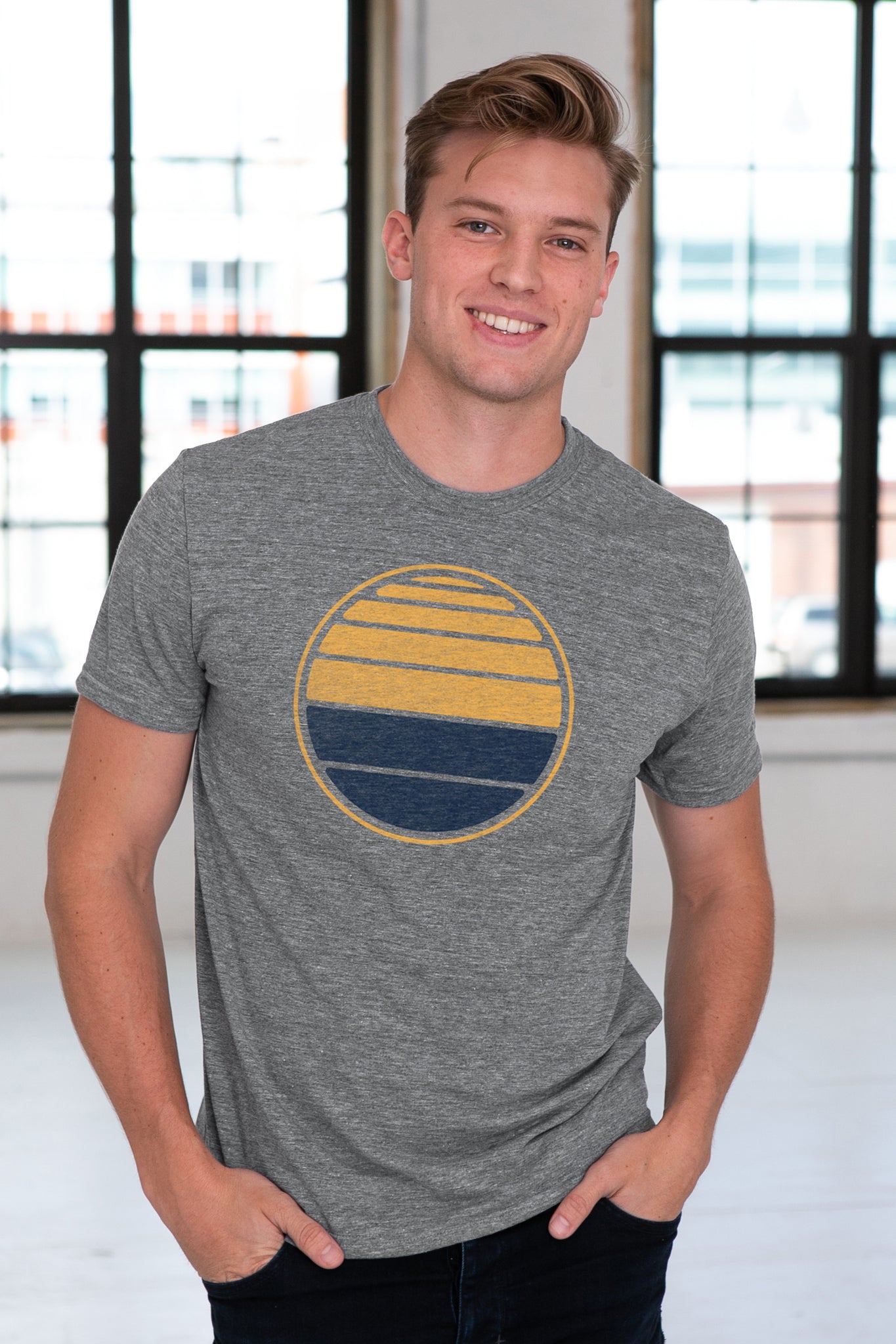 Male Model wearing GOEX Unisex and Men's Horizon Eco Triblend Graphic Tee in Heather Grey