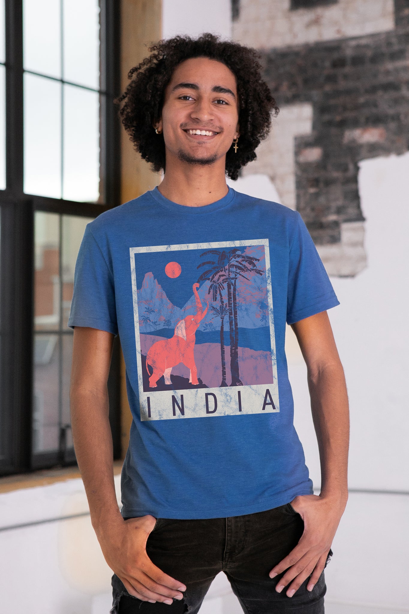 Male Model wearing GOEX Unisex and Men's India Eco Triblend Graphic Tee in Royal