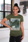 Female Model wearing GOEX Ladies Lebanon Eco Triblend Graphic Tee in Olive