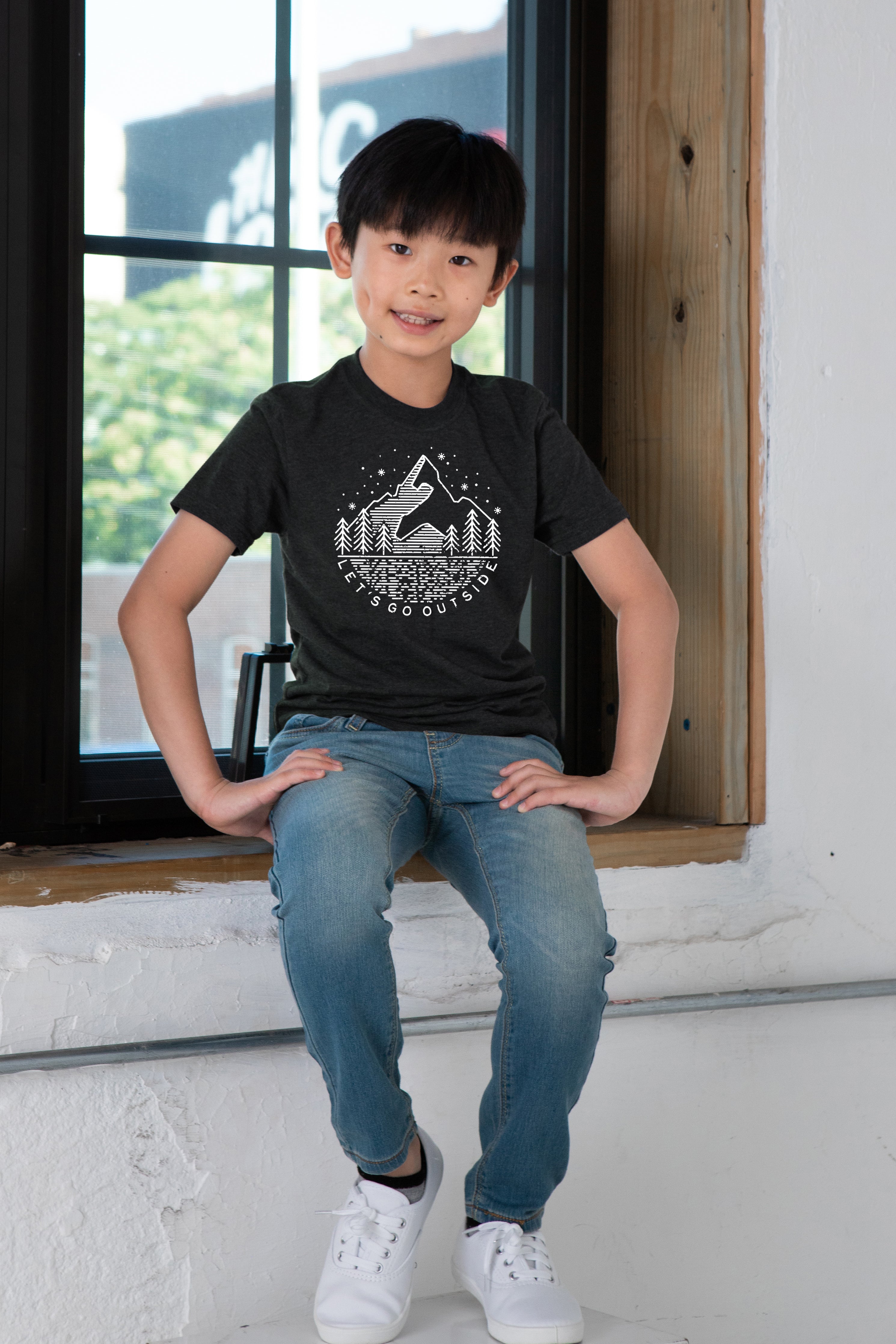 Boy Model wearing GOEX Youth Let's Go Outside Eco Triblend Tee in Charcoal