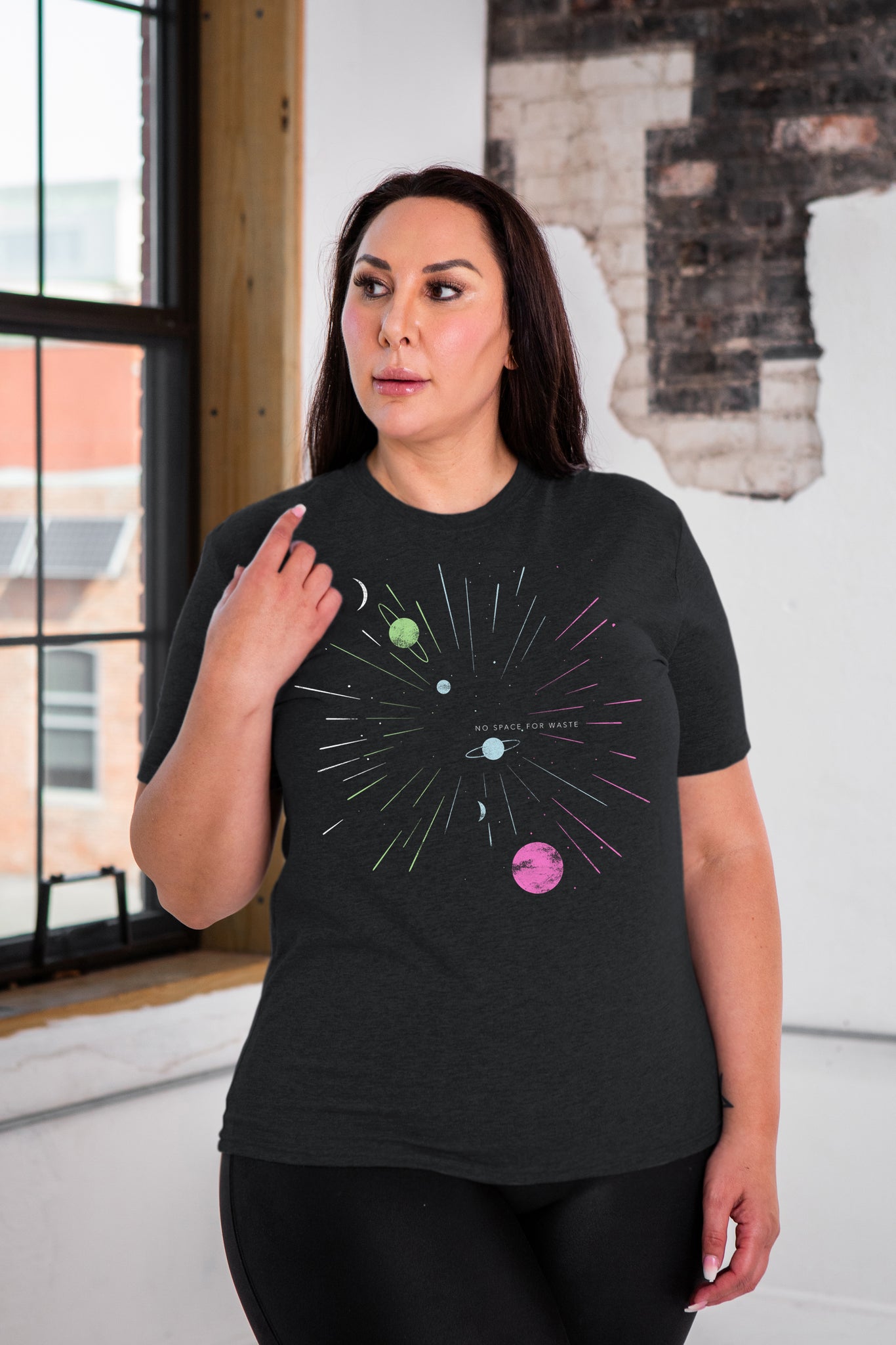 Female Model wearing GOEX Unisex and Men's No Space for Waste Eco Triblend Graphic Tee in Charcoal