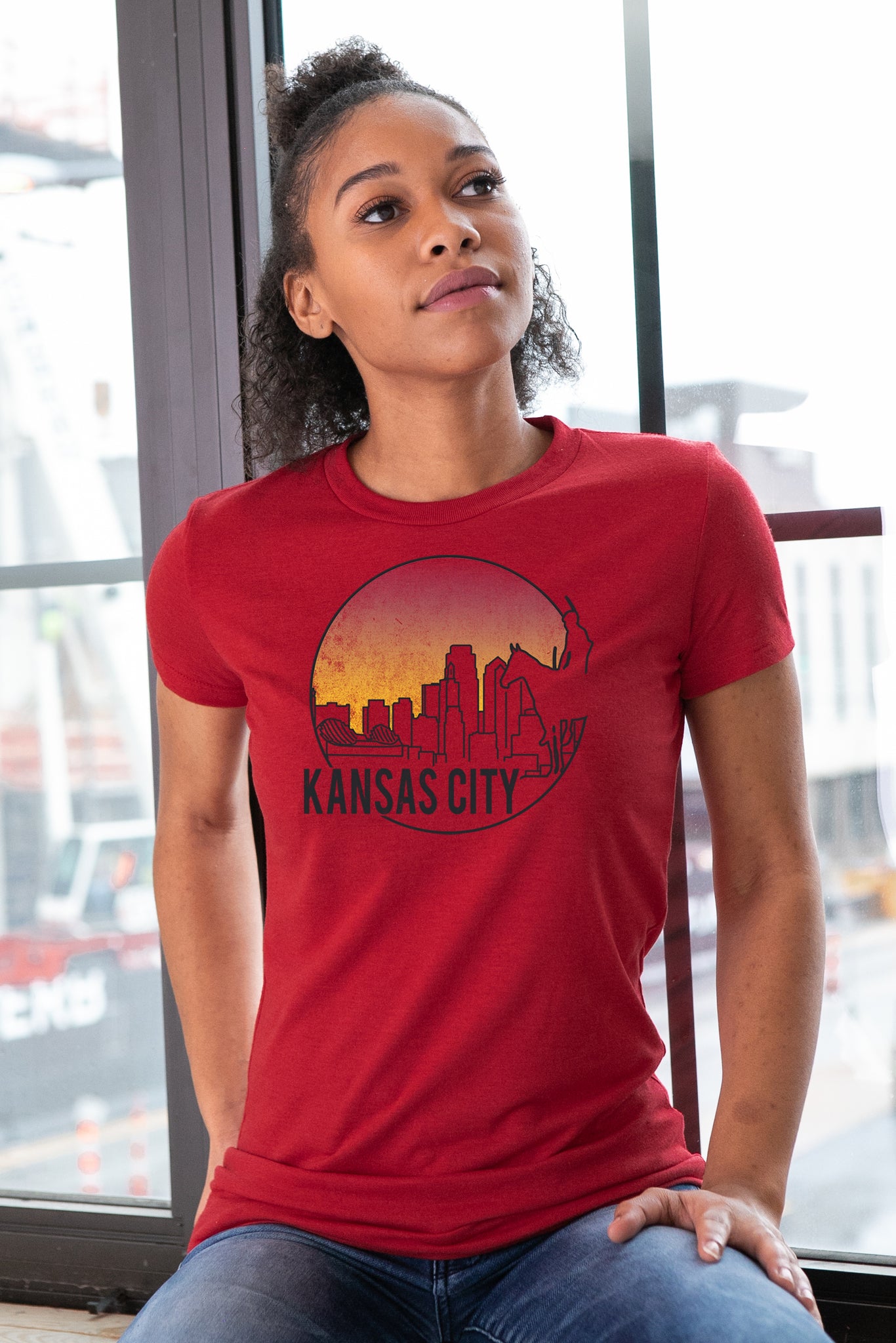 Female Model GOEX Ladies KC Scout Eco Triblend Graphic Tee in Red