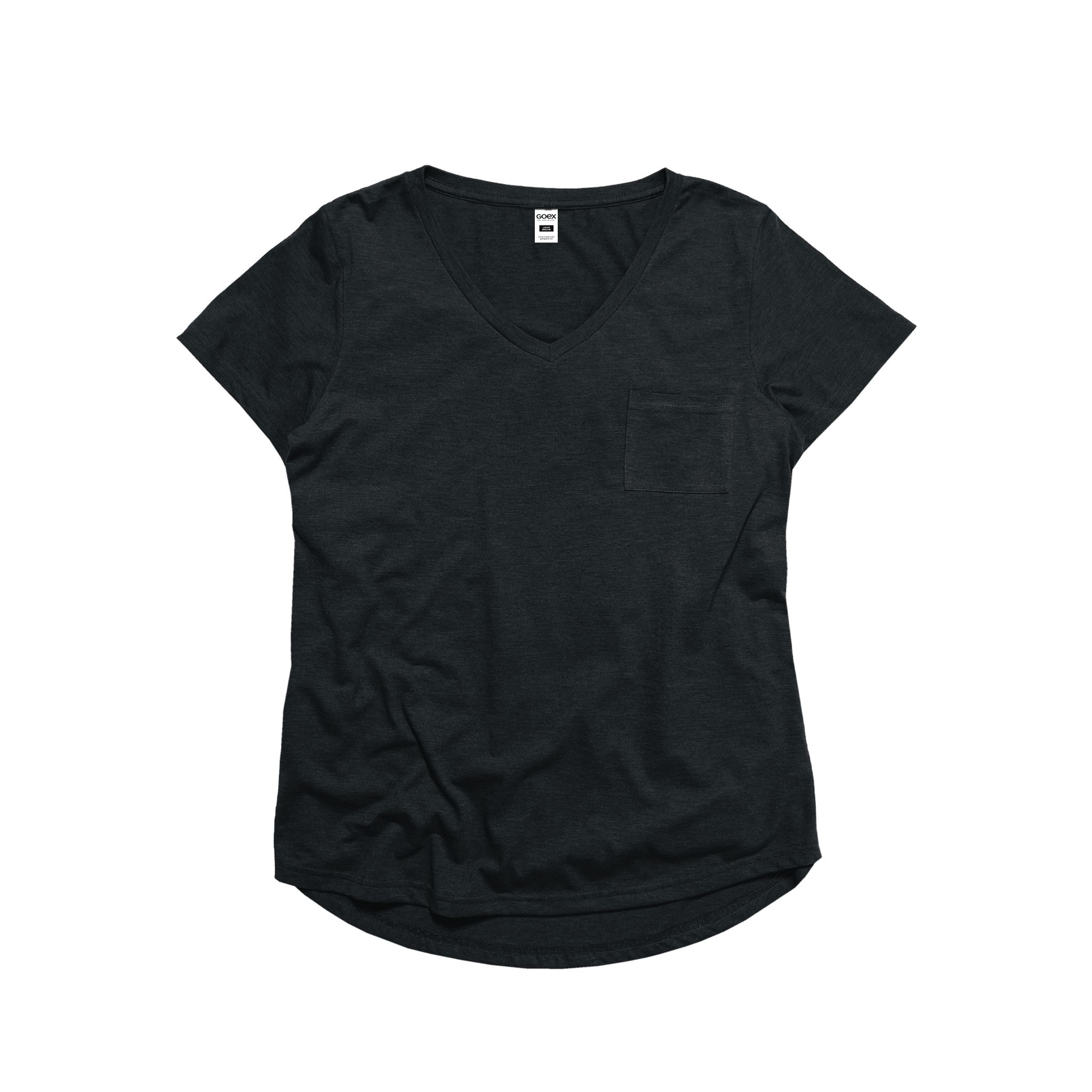 Front Flat Lay of GOEX Ladies Eco Triblend Drop Hem Pocket Tee in Charcoal