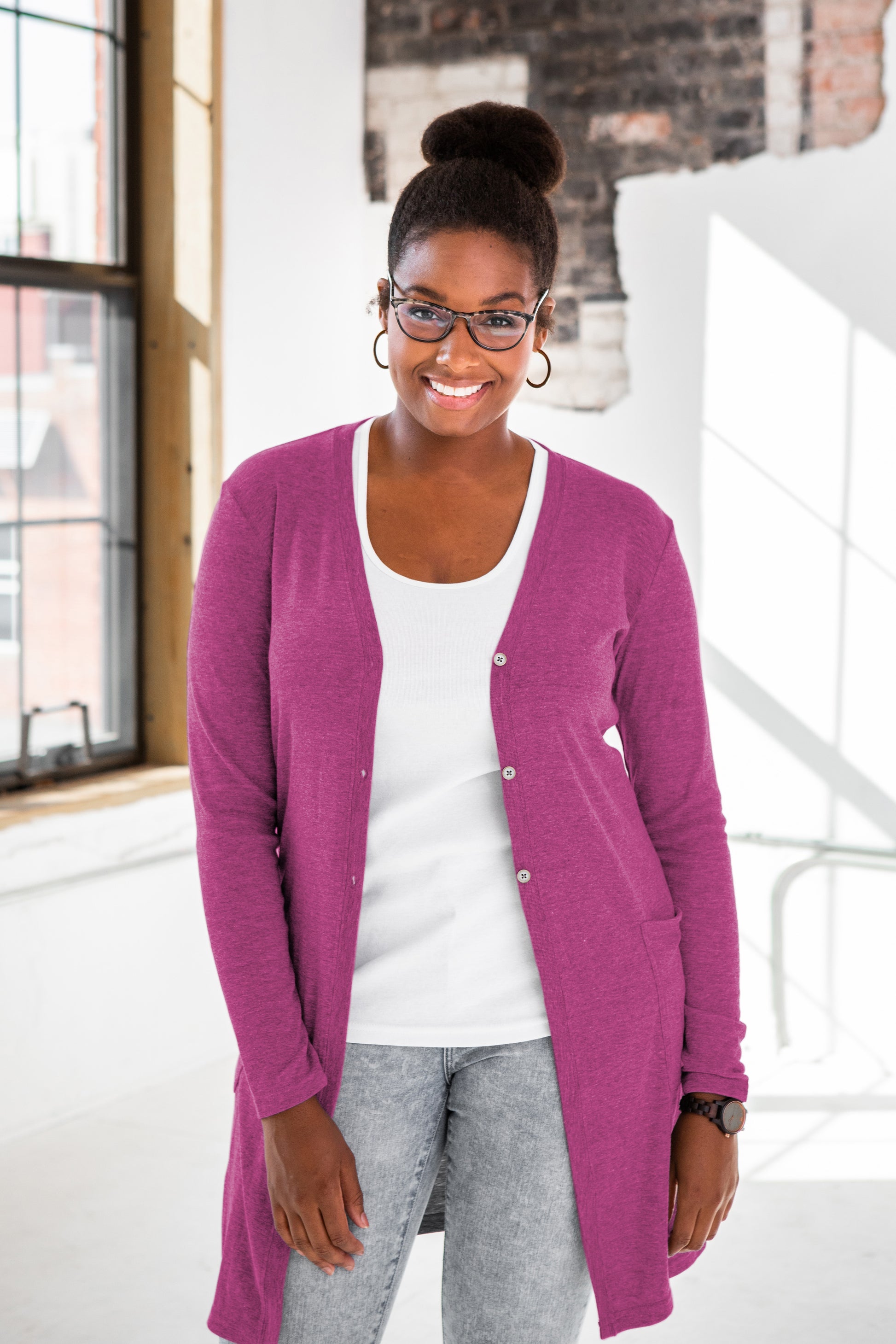 Female Model wearing GOEX Ladies Eco Triblend Rib Cardigan in Berry