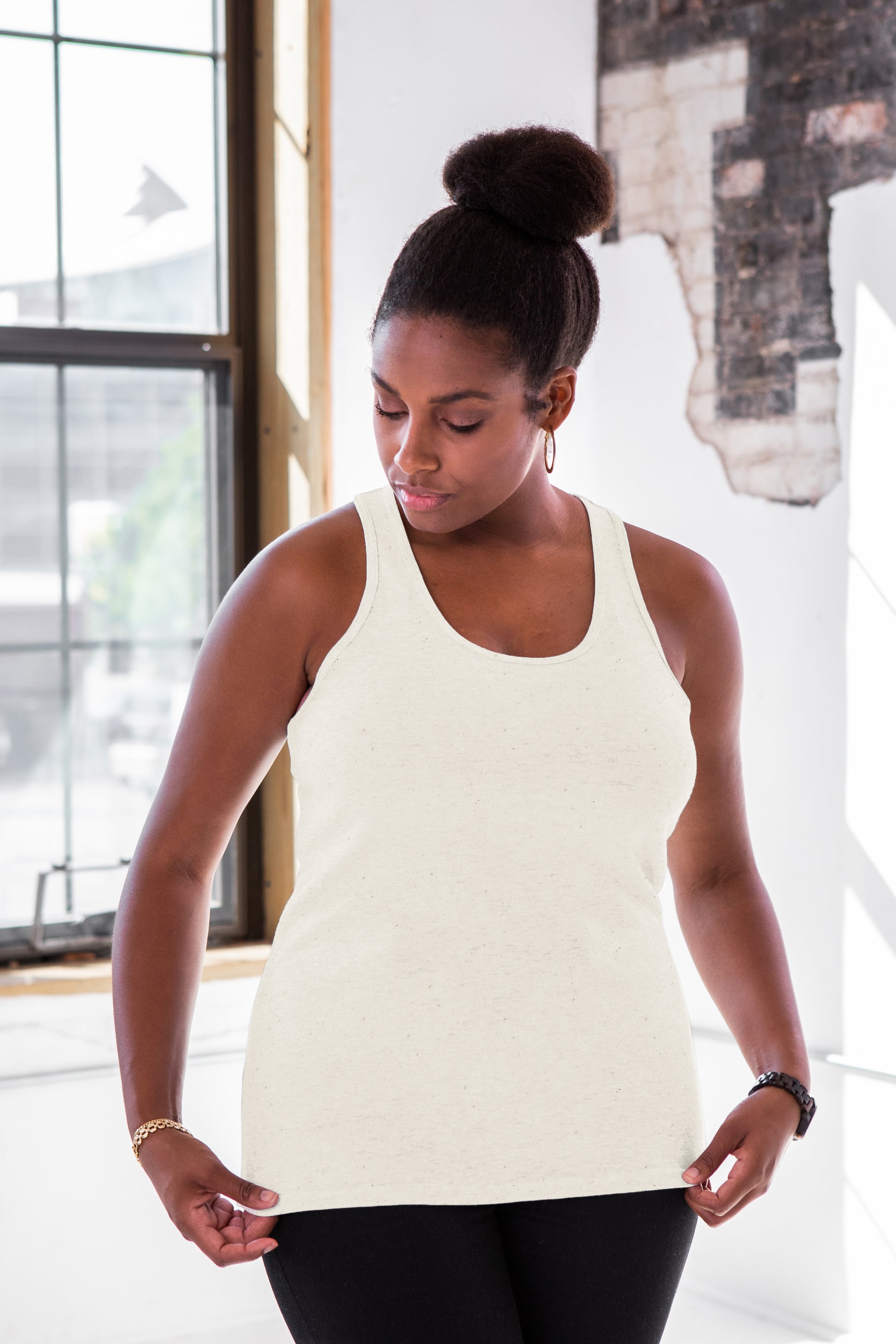 Female Model wearing GOEX Ladies Cotton Rib Tank in Ivory
