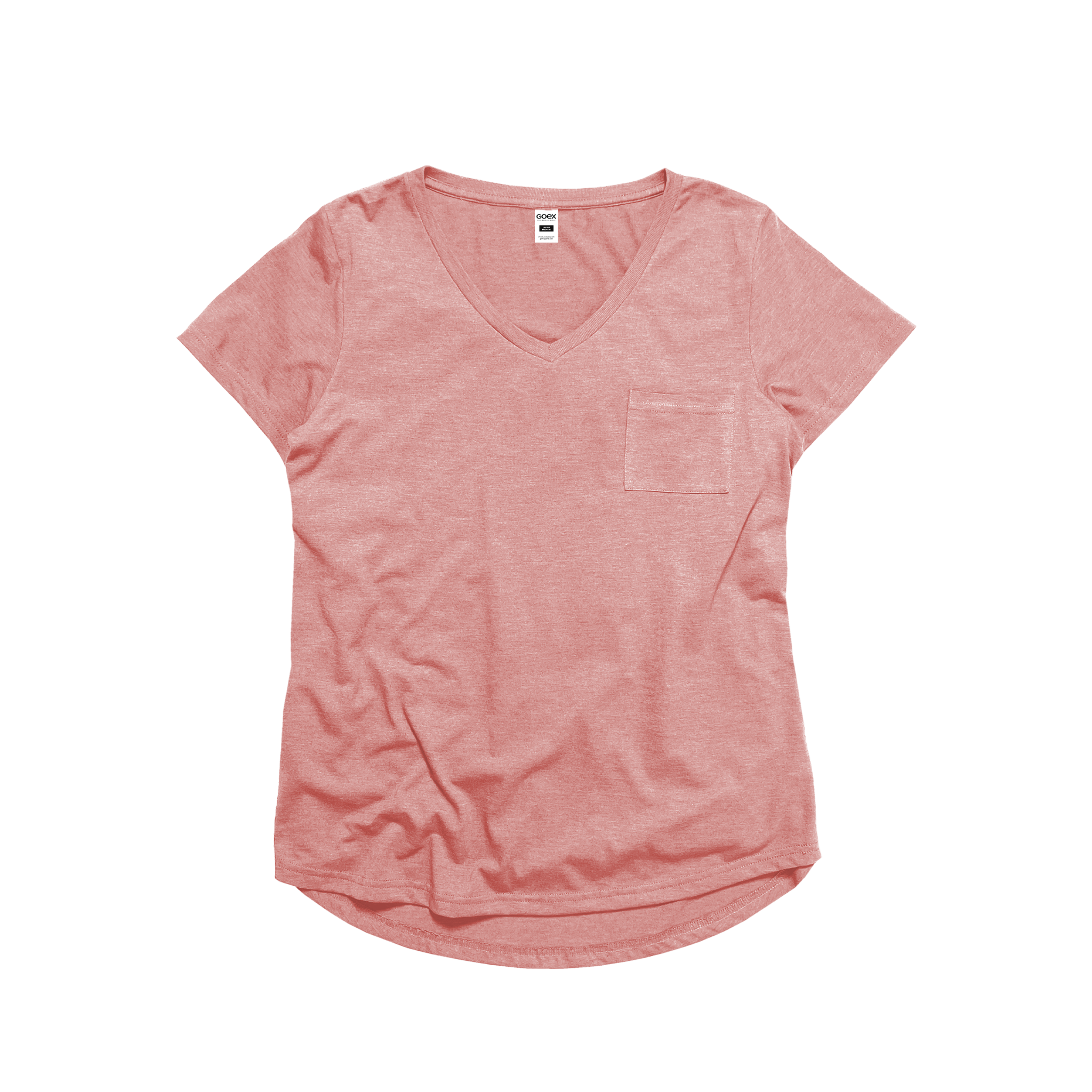 Front Flat Lay of GOEX Ladies Eco Triblend Drop Hem Pocket Tee in Rose