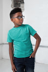 Boy Model wearing GOEX Youth Eco Triblend Tee in Teal