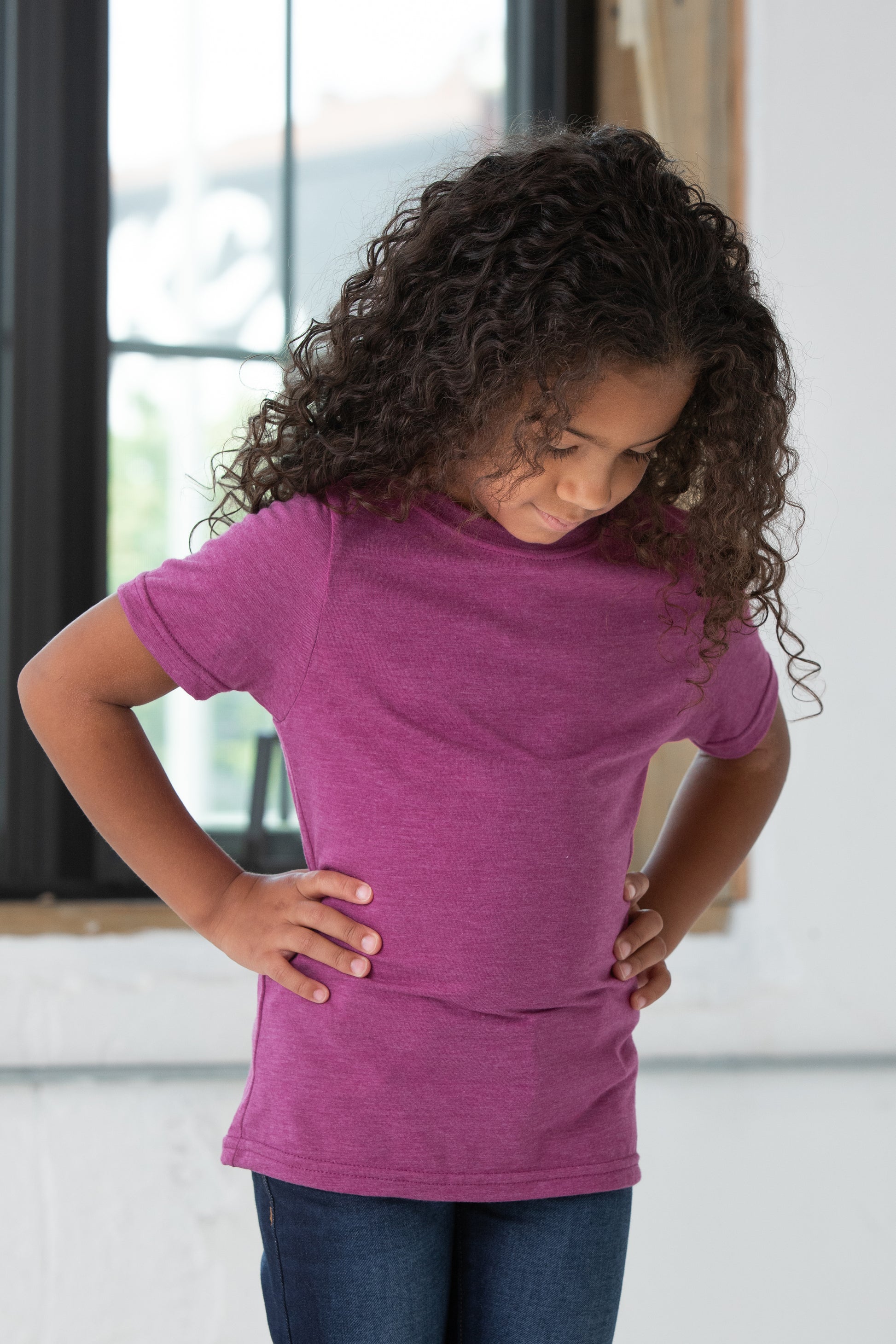 Girl Model wearing GOEX Youth Eco Triblend Tee in Berry