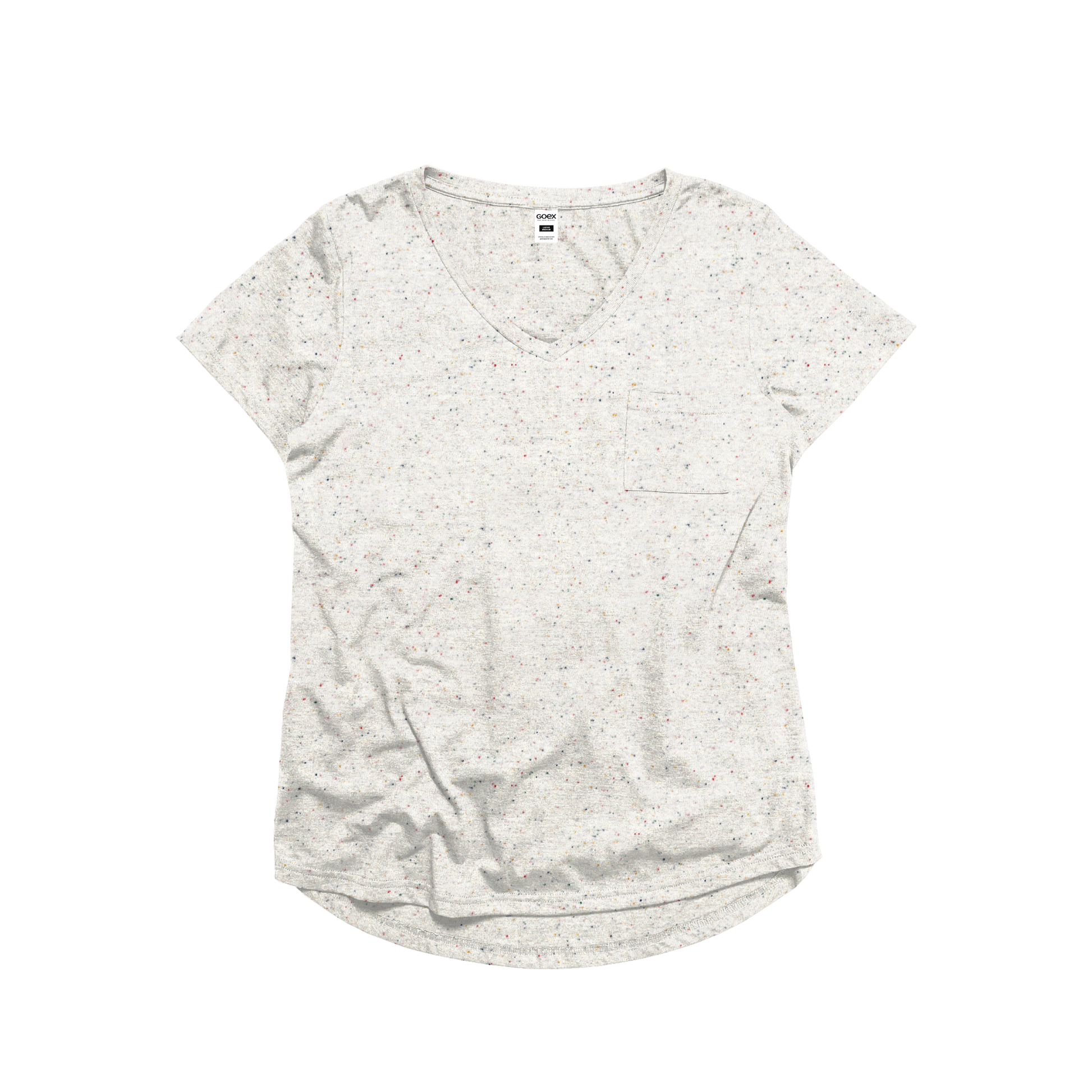 Front Flat Lay of GOEX Ladies Eco Cotton Drop Hem Pocket Tee in Funfetti