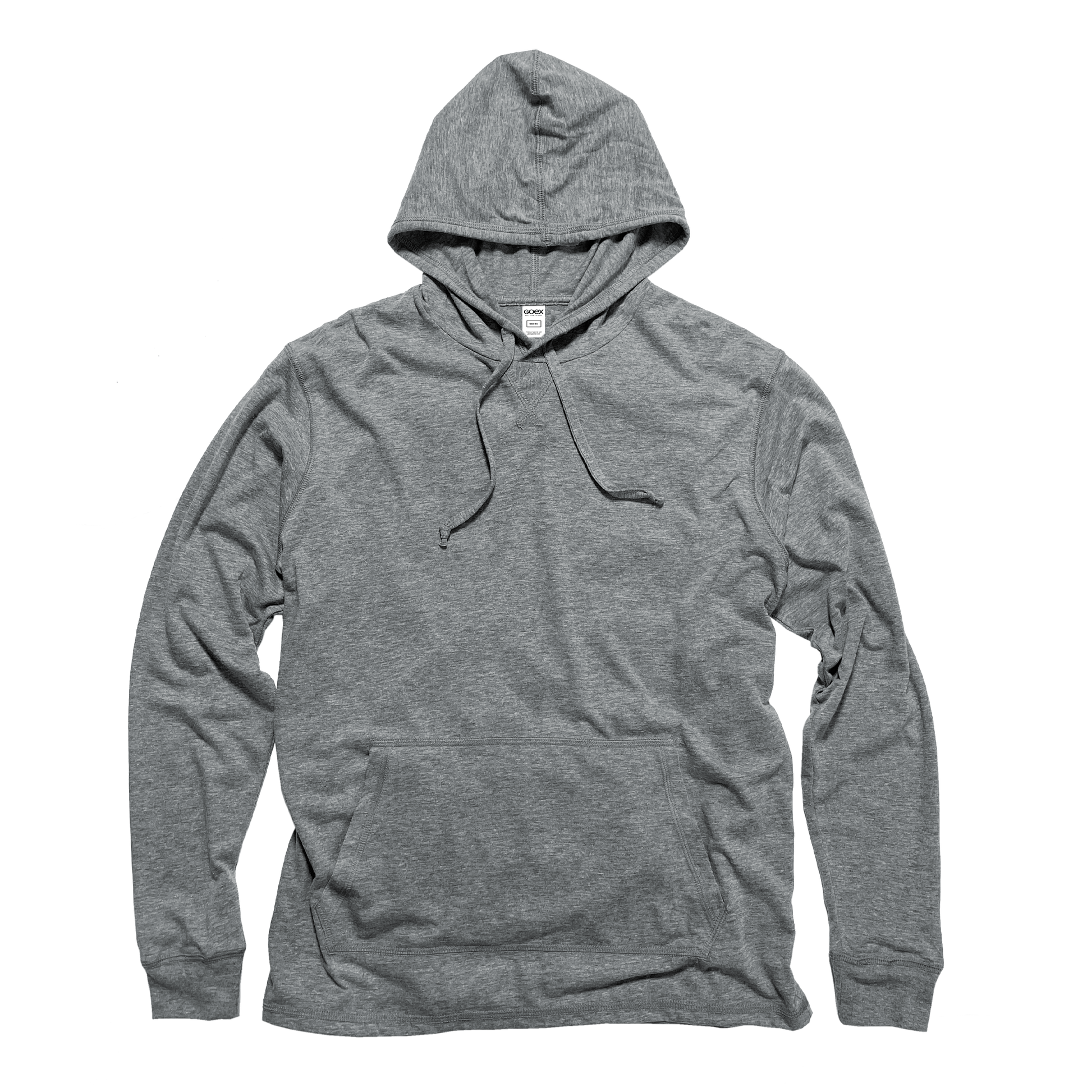 Front Flat Lay of GOEX Unisex and Men's Eco Triblend Hooded Tee in Heather Grey