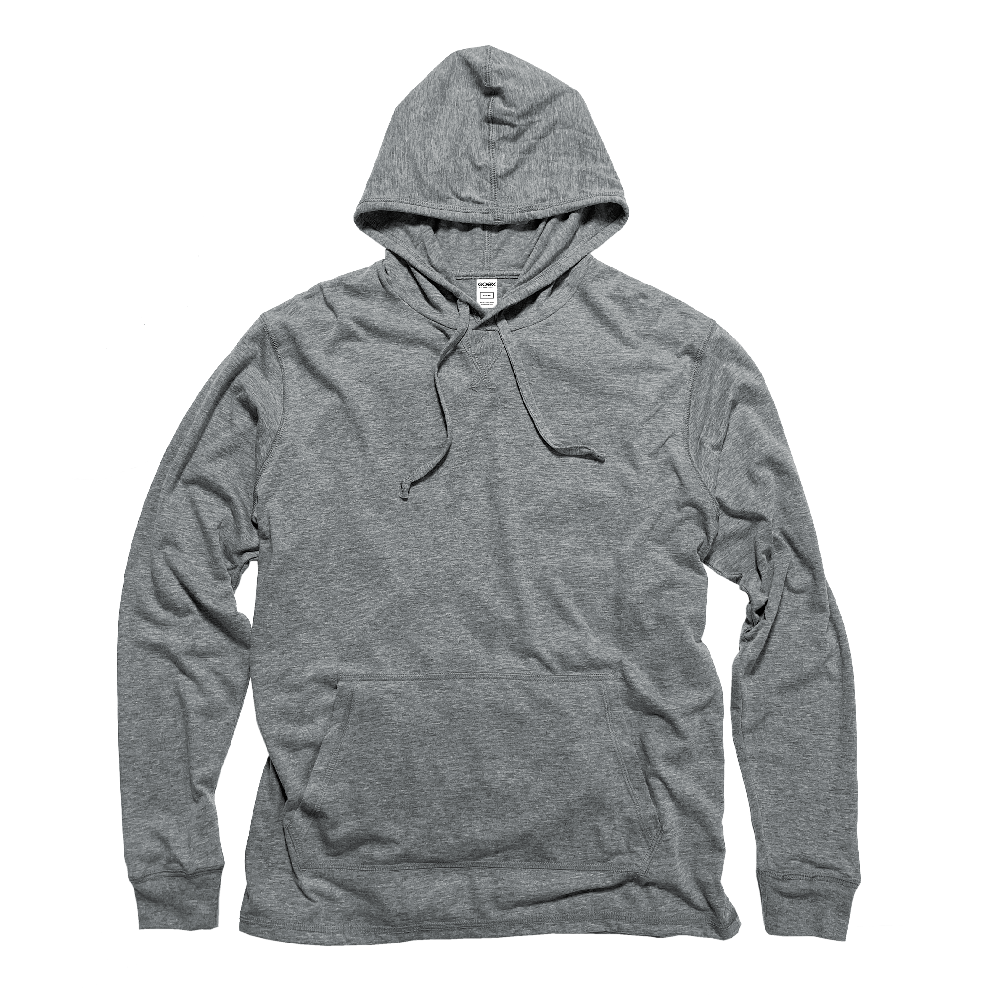 Front Flat Lay of GOEX Unisex and Men's Eco Triblend Hooded Tee in Heather Grey