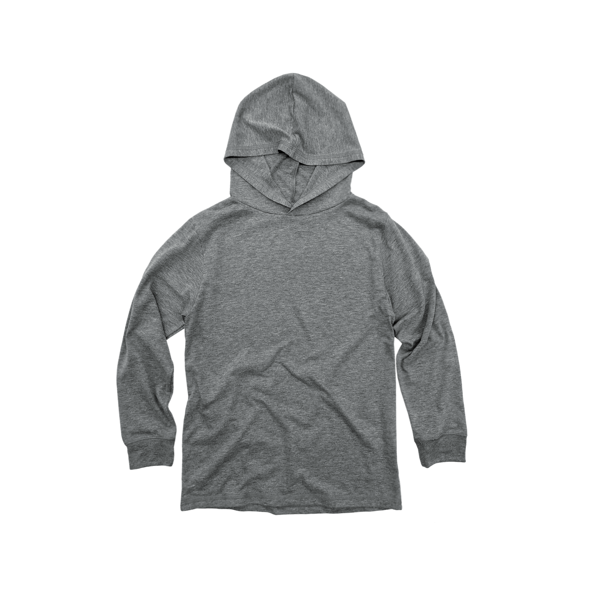 Front Flat Lay of GOEX Youth Eco Triblend Hooded Tee in Heather Grey