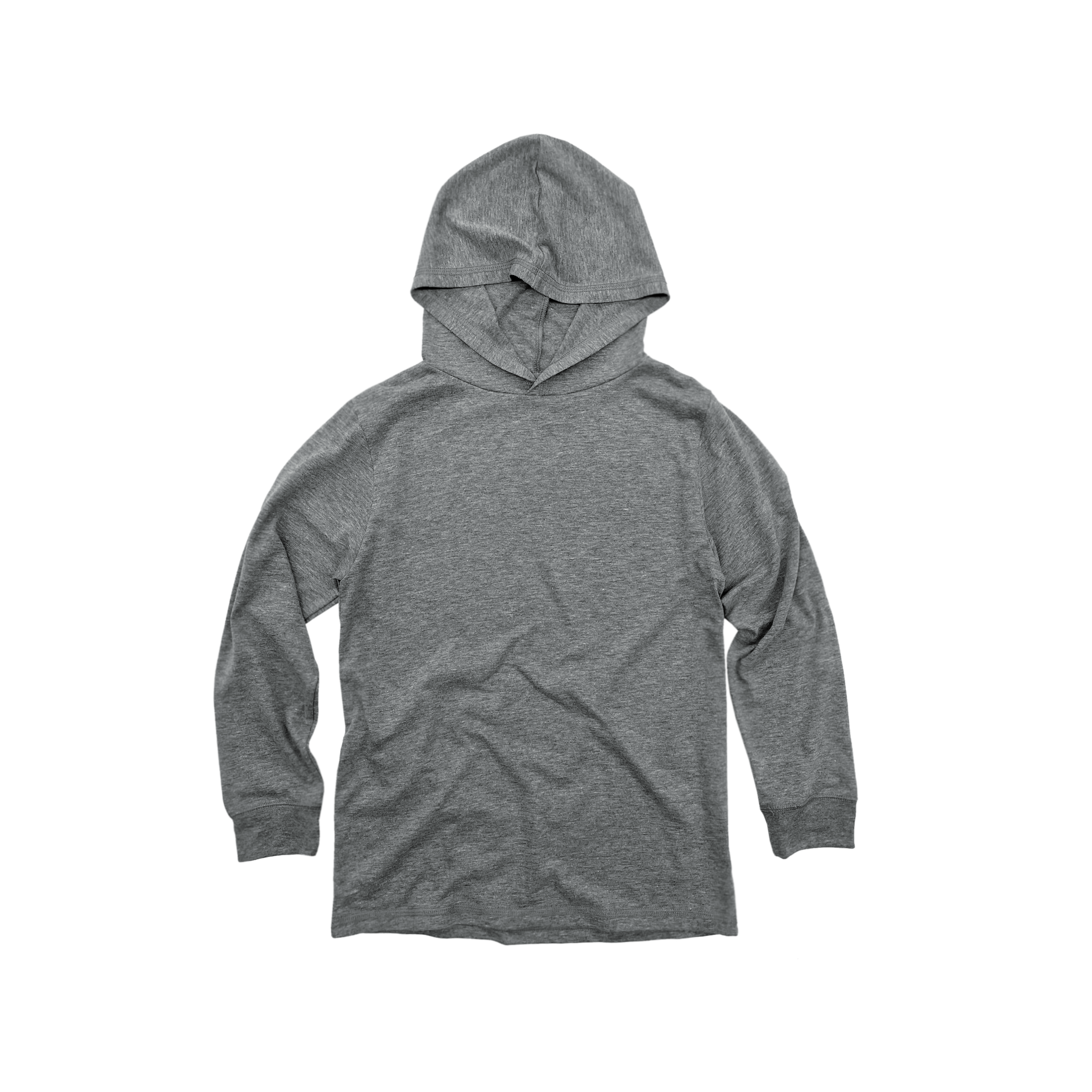 Front Flat Lay of GOEX Youth Eco Triblend Hooded Tee in Heather Grey
