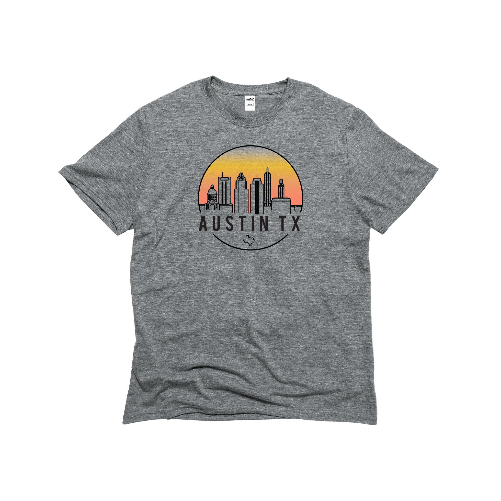 Flat Lay of GOEX Unisex and Men's Austin Skyline Eco Triblend Graphic Tee in Heather Grey