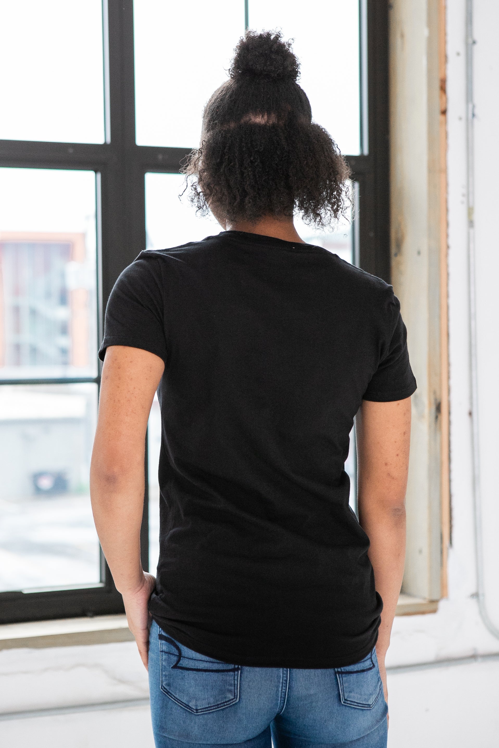 Back View of Female Model wearing GOEX Ladies Cotton Tee in Black