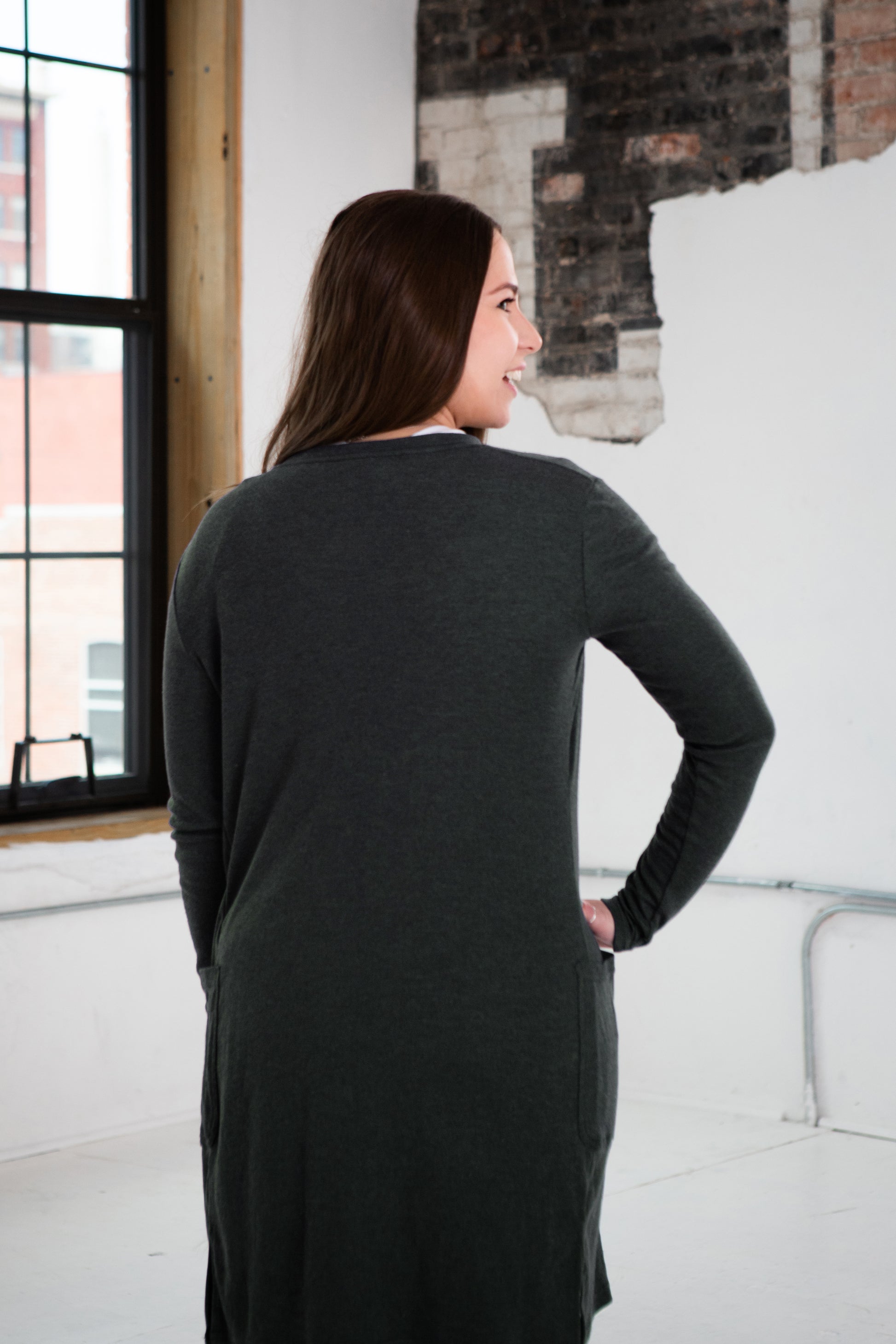 Female Model wearing GOEX Ladies Eco Triblend Rib Cardigan in Charcoal