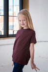 Girl Model Wearing GOEX Youth Eco Triblend Tee in Wine