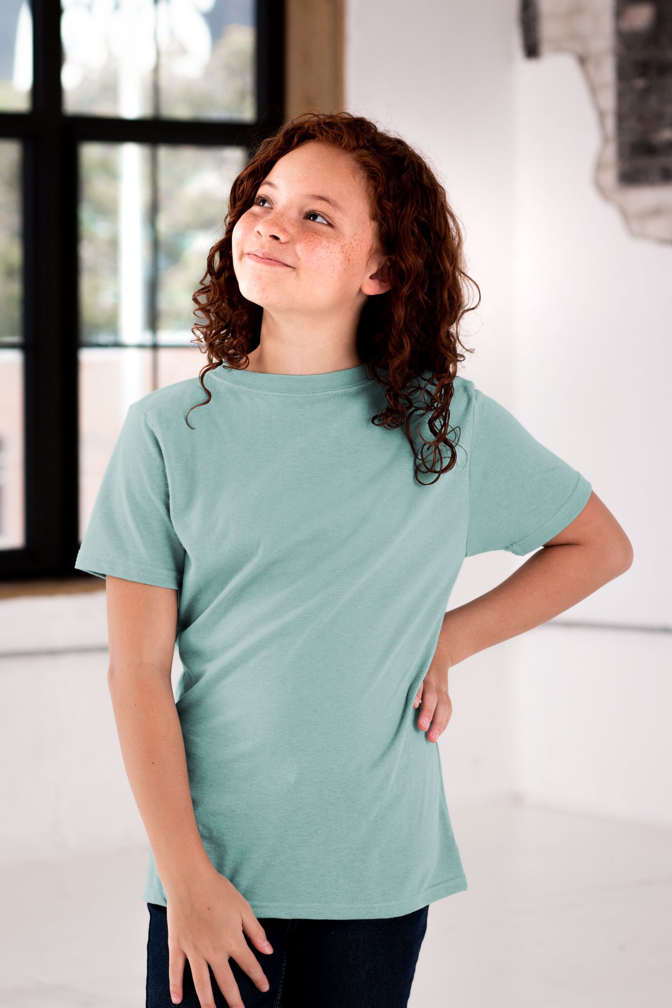 Girl Model wearing GOEX Youth Eco Triblend Tee in Sage