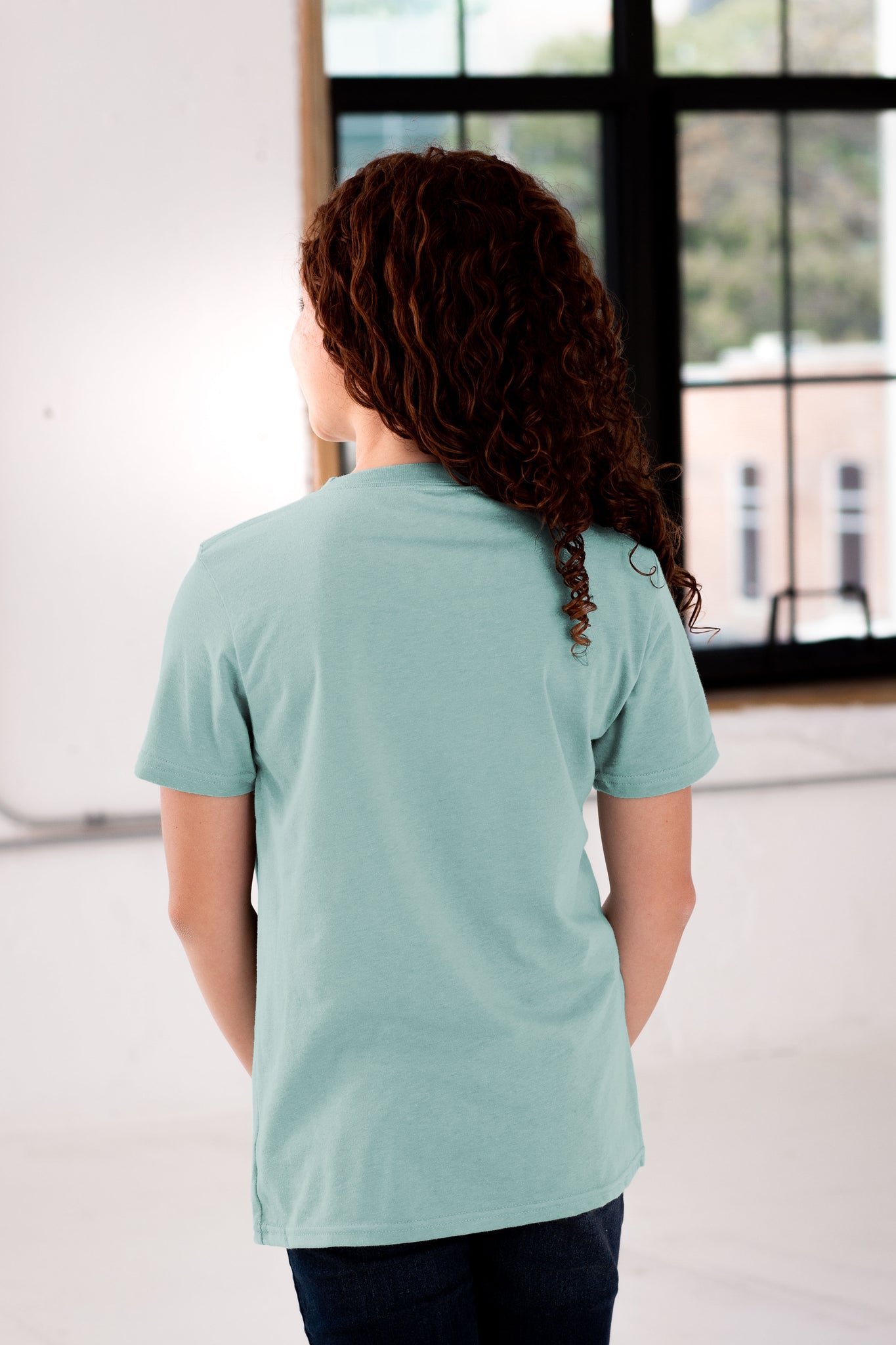 Back View of Girl Model wearing GOEX Youth Eco Triblend Tee in Sage