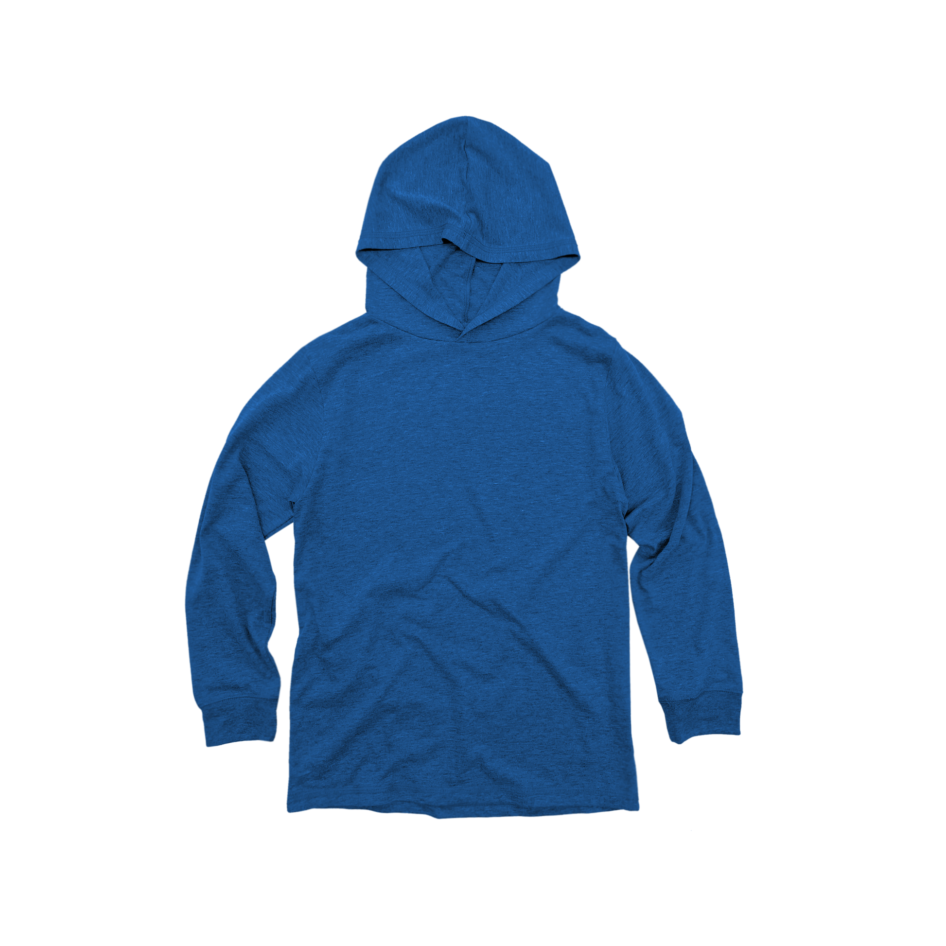 Front Flat Lay of GOEX Youth Eco Triblend Long Sleeve Hooded Tee in Royal