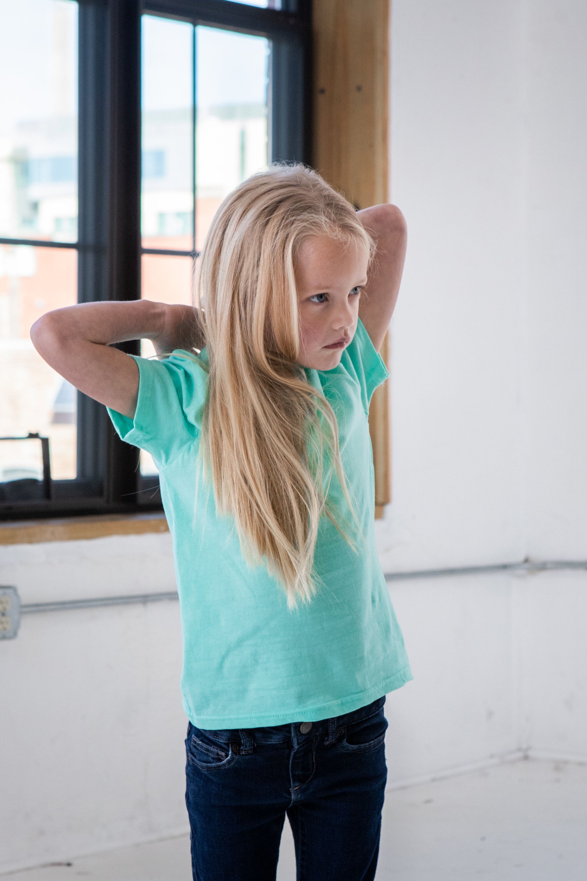 Girl Model wearing GOEX Youth Cotton Tee in Mint