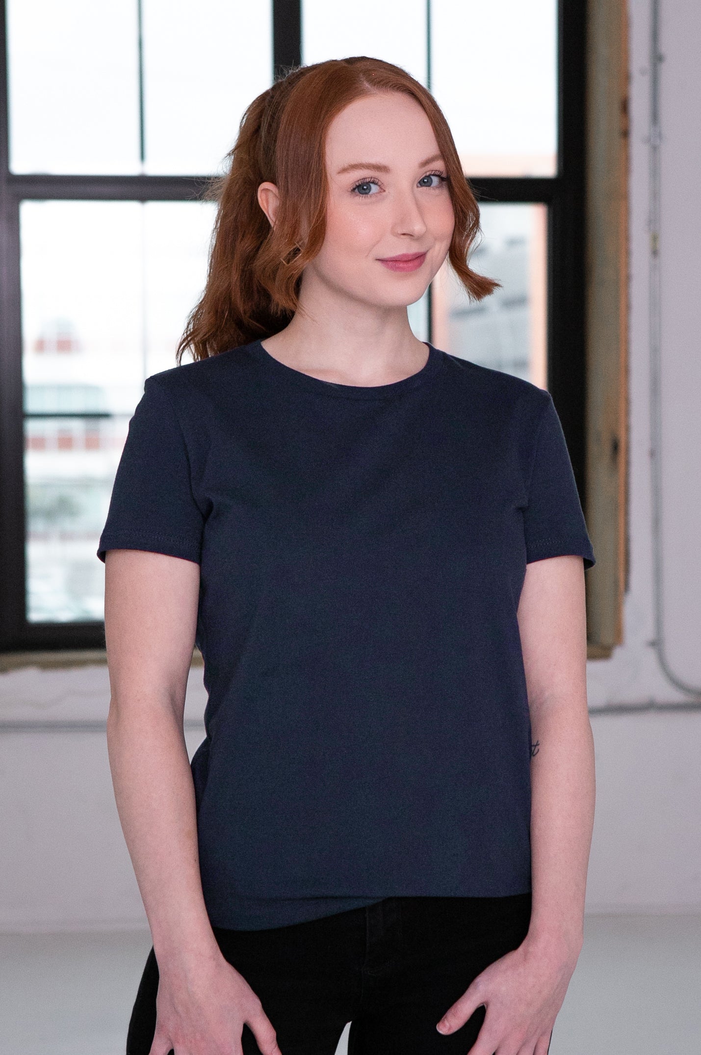 Female Model wearing GOEX Ladies Cotton Tee in Navy