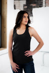 Female Model wearing GOEX Ladies Cotton Rib Tank in Black
