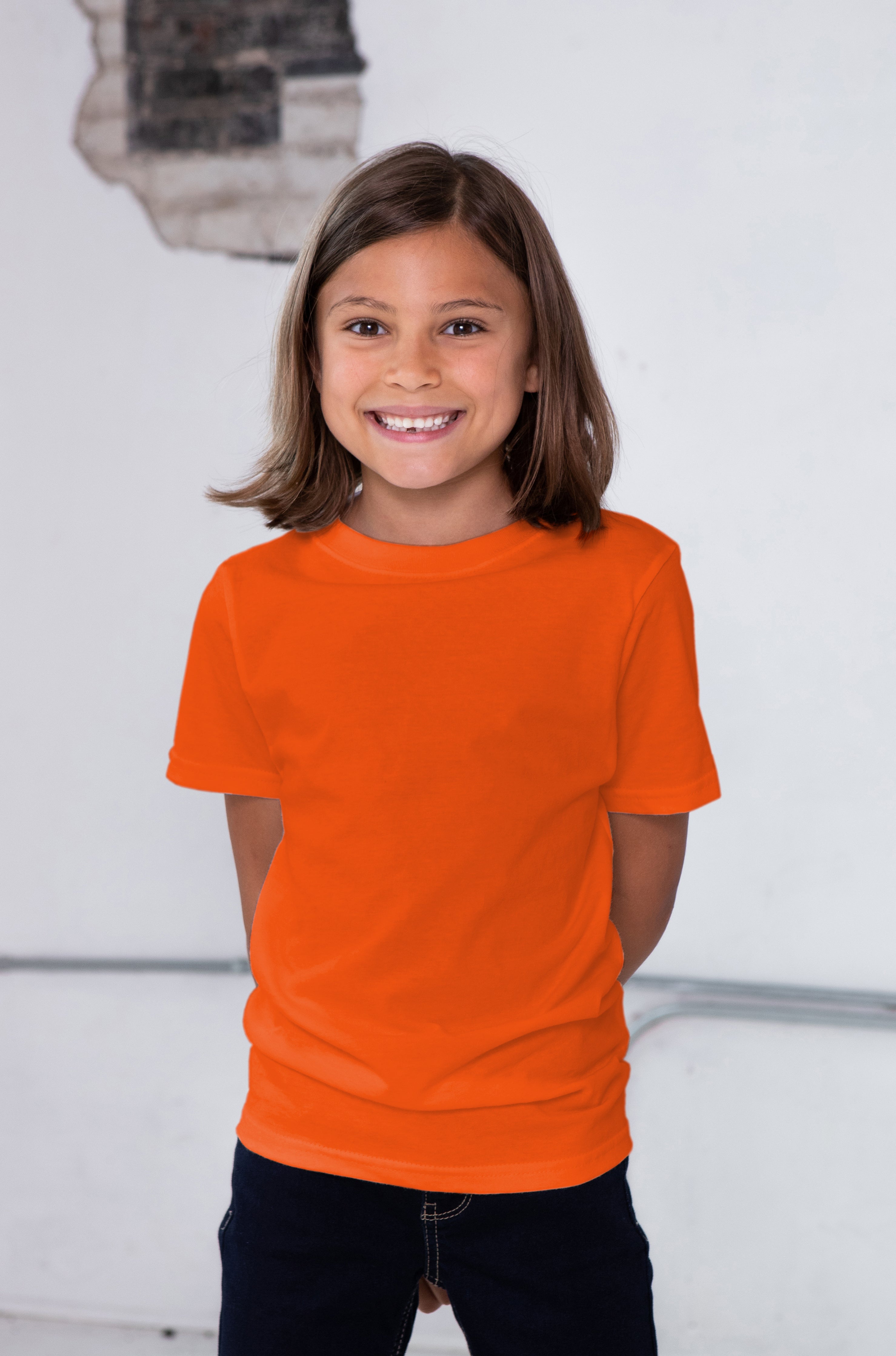 Girl Model wearing GOEX Youth Cotton Tee in Orange
