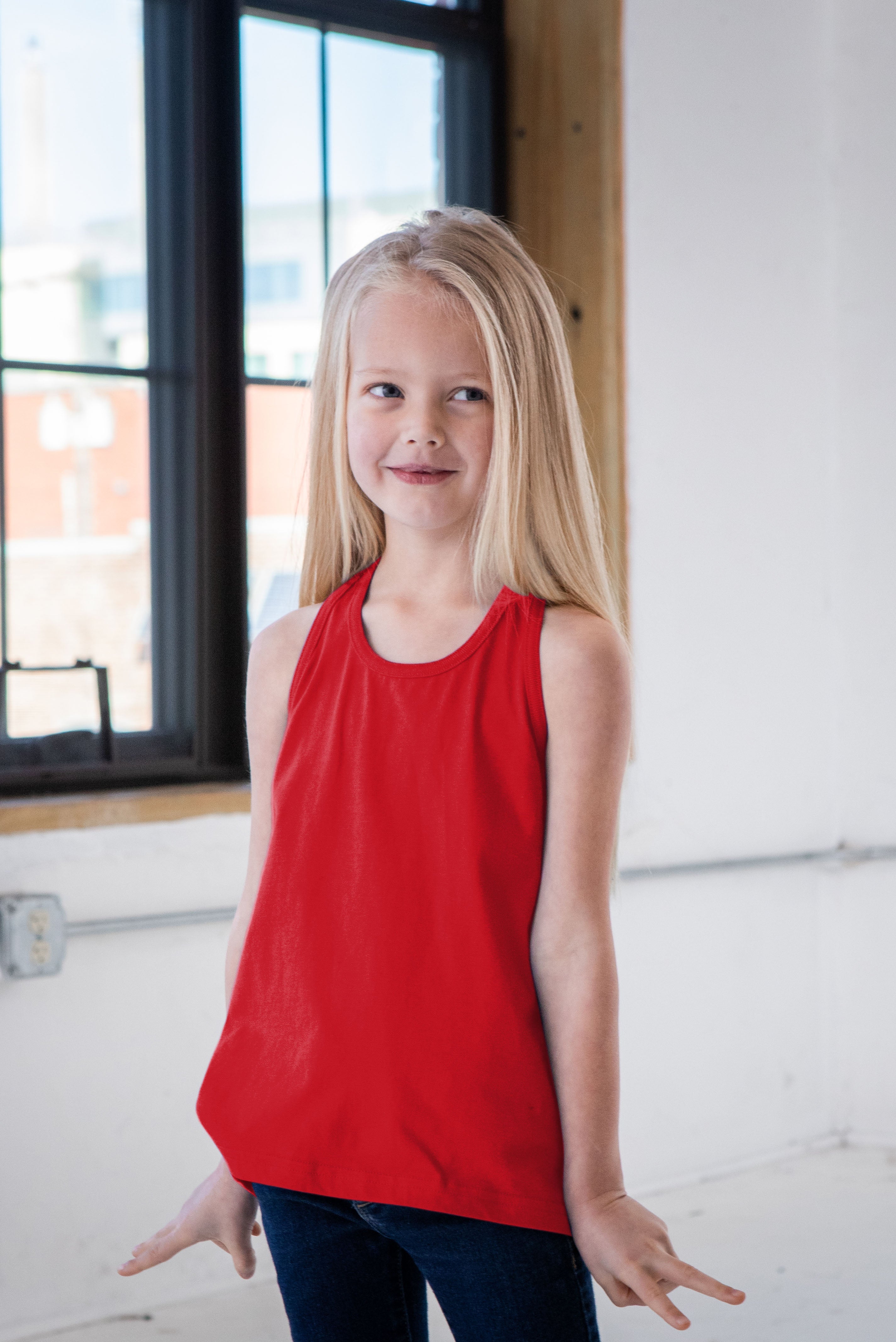Girl Model wearing GOEX Youth Cotton Tank in Red