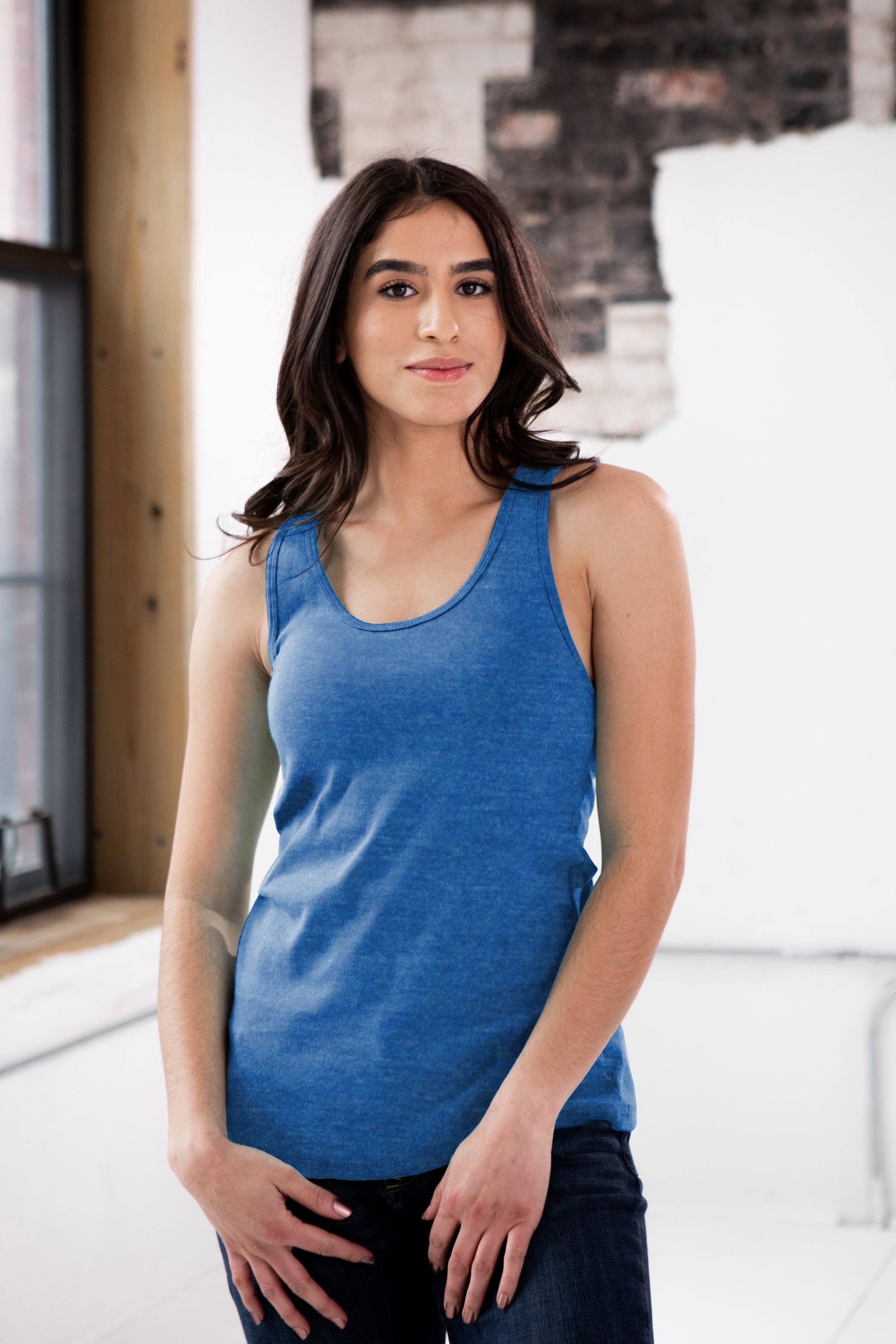Female Model wearing GOEX Ladies Eco Triblend Rib Tank in Royal