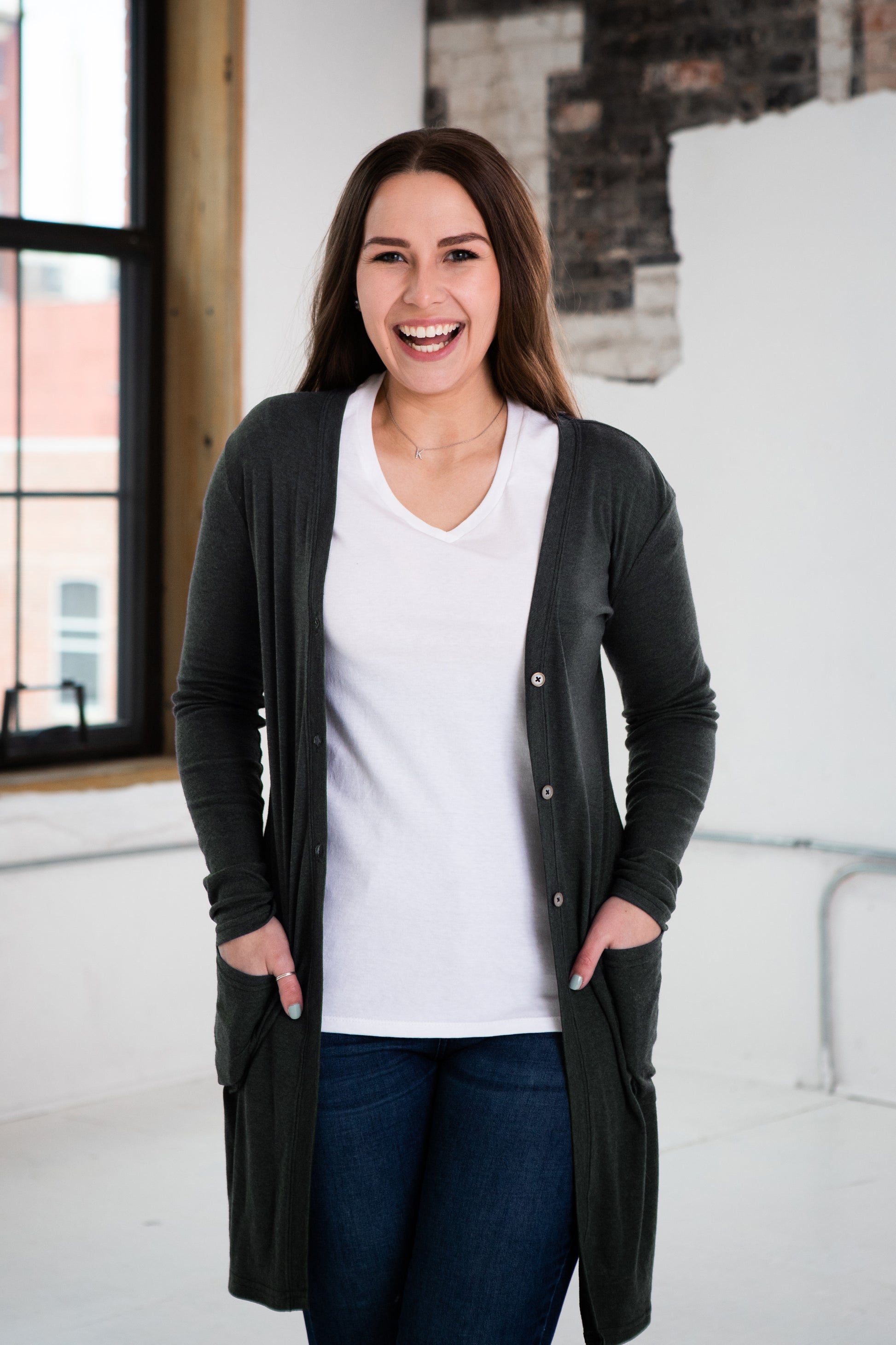 Female Model wearing GOEX Ladies Eco Triblend Rib Cardigan in Charcoal