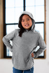 Girl Model wearing GOEX Youth Eco Triblend Hooded Tee in Heather Grey