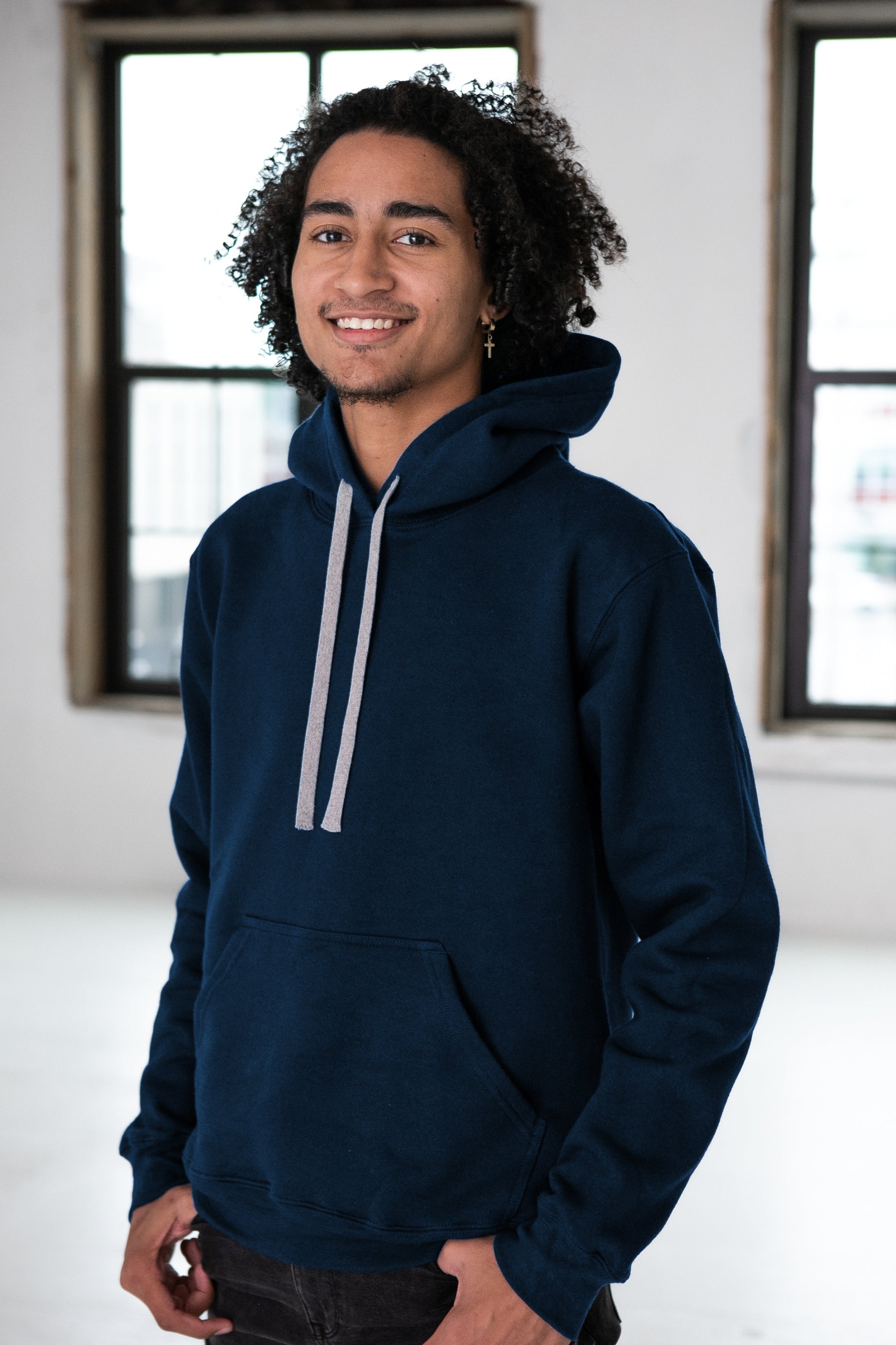 Male Model wearing GOEX Unisex and Men's Fleece Hoodie in Navy